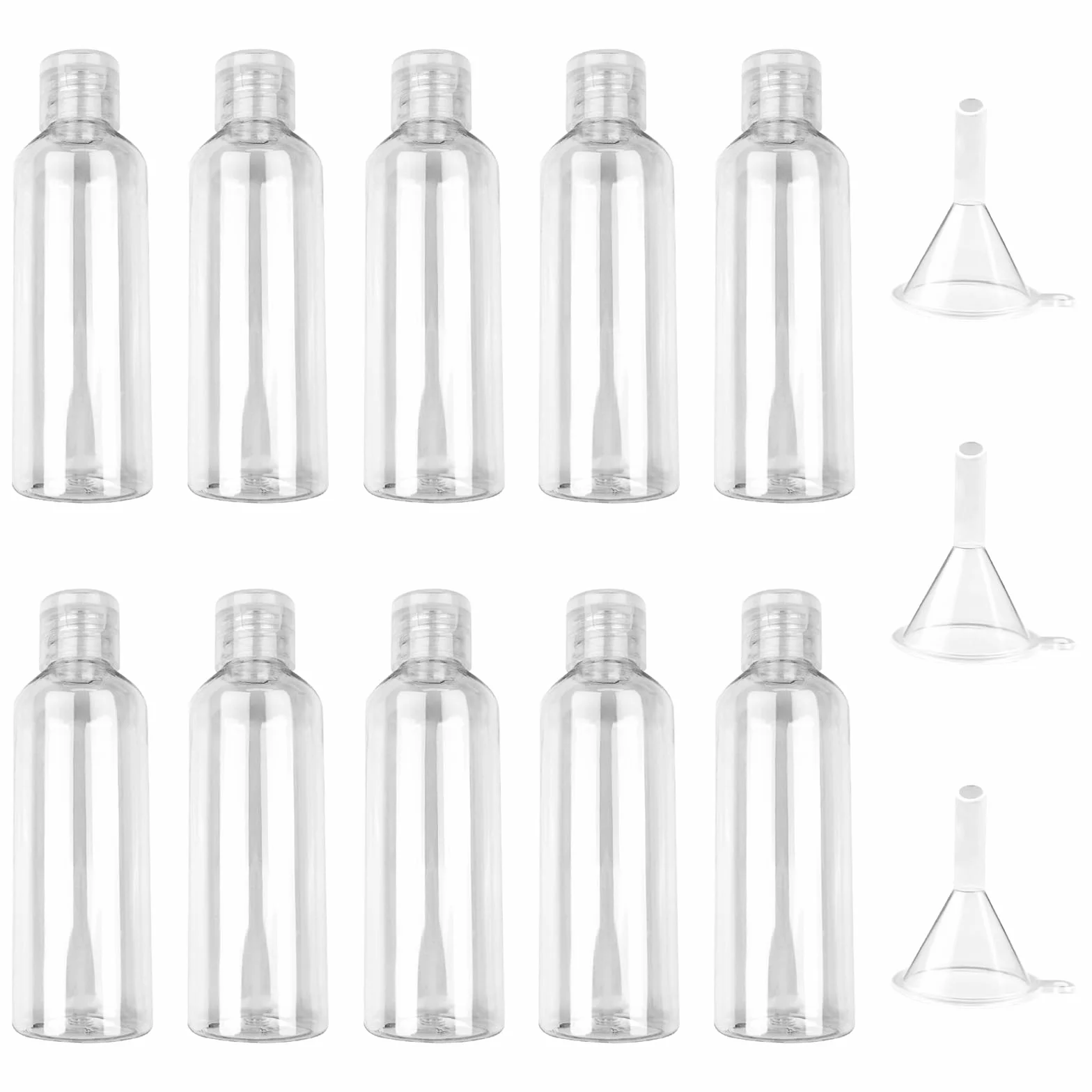 Newpop 10 Pezzi Flaconi da Viaggio 100 ml, Kit Contenitori Viaggio Liquidi, Boccette da Viaggio con 3 Piccoli Imbuti, Trasparente Bottiglie da Viaggio per Shampoo Creme Lozioni Liquide