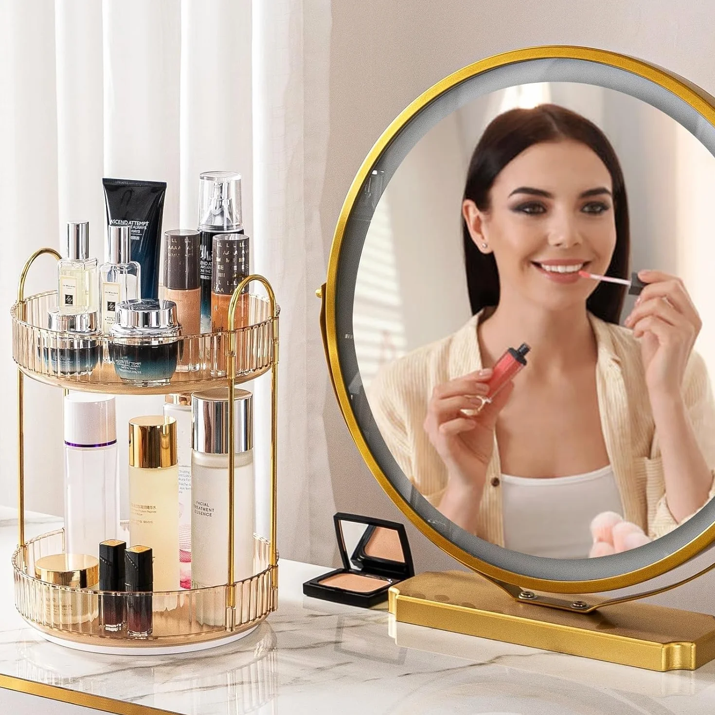Organizzatore di Trucco Rotante a 360° Grande Capacità per Cosmetici Profumi Cura della Pelle Bagno 2 Strati Ambra