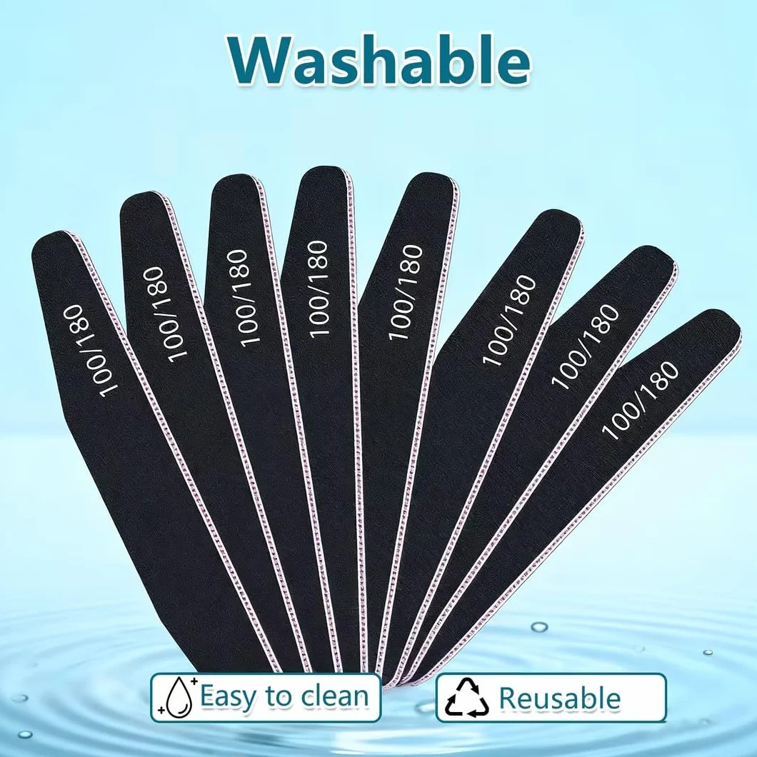 elzle 10 Pezzi Lime per Unghie Professionali, Lima per Unghie 100/180 Doppia Faccia con Mezza Luna Bilaterale, Set per Cura Unghie Lavabile Strumenti Manicure (Nero)