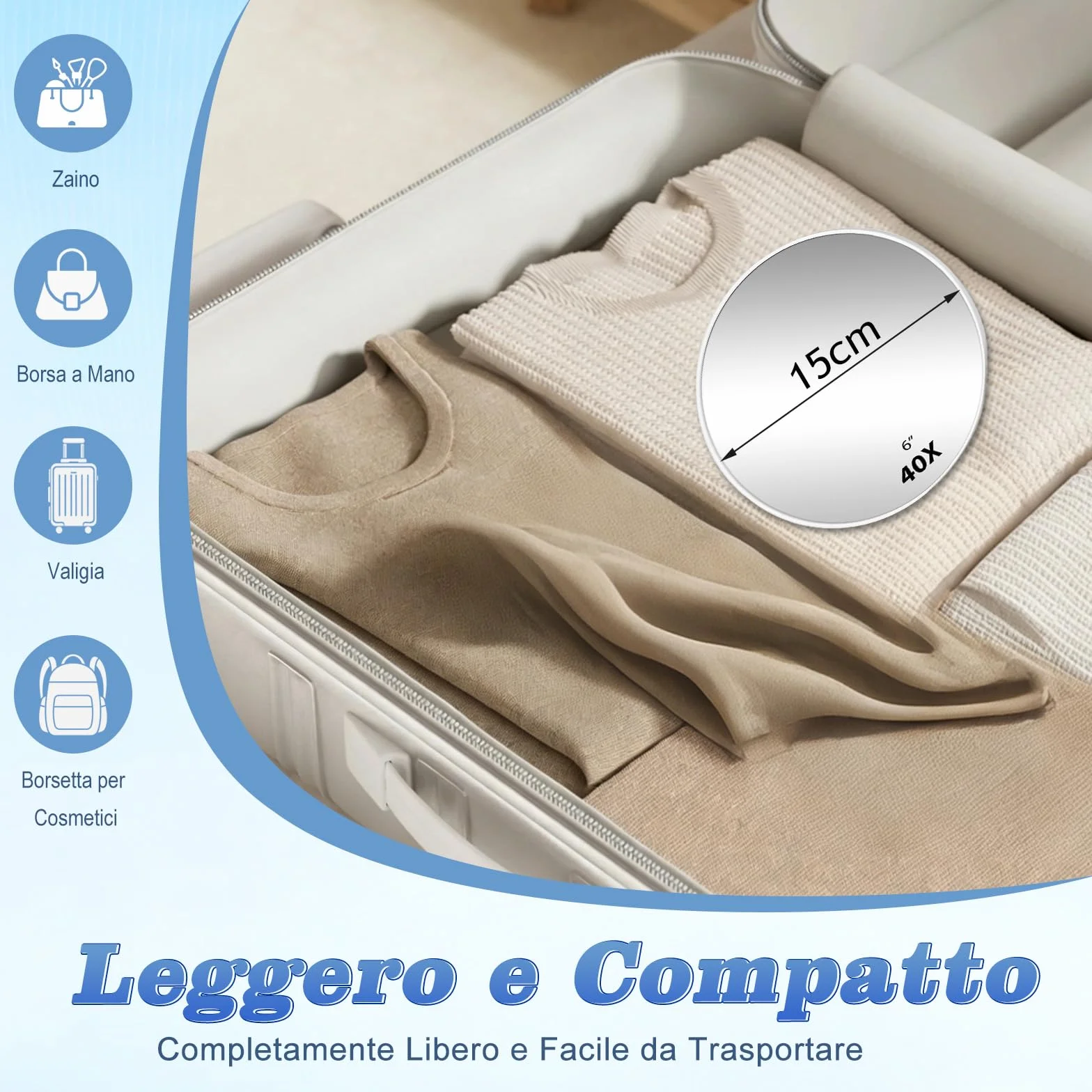 Specchio Ingranditore 40X Portatile con Supporto, Pinzette e Forbici per Trucco da Viaggio
