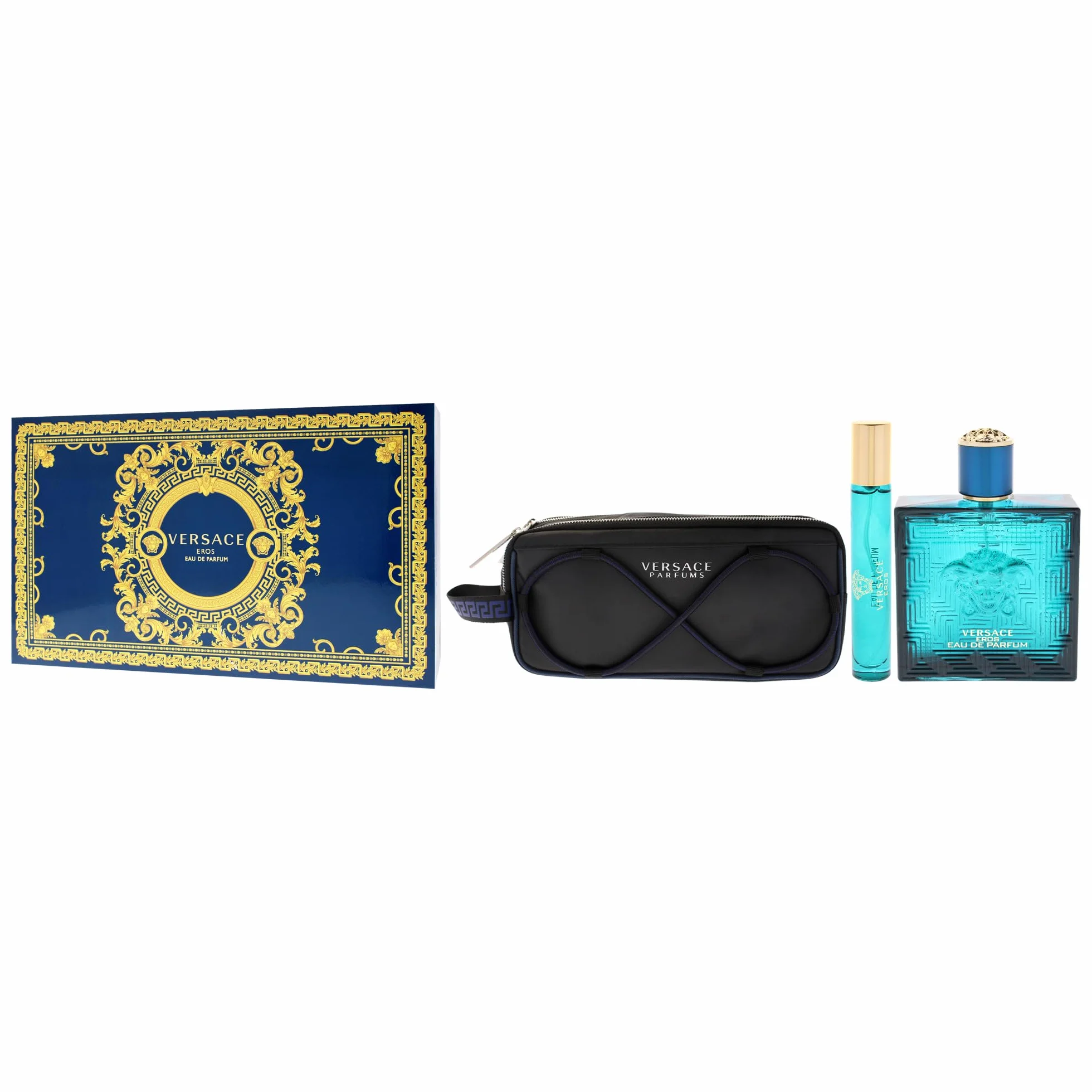 Versace Eros Eau de Parfum set regalo 2025-100 ml EDP, spray da viaggio e borsa per articoli da toeletta