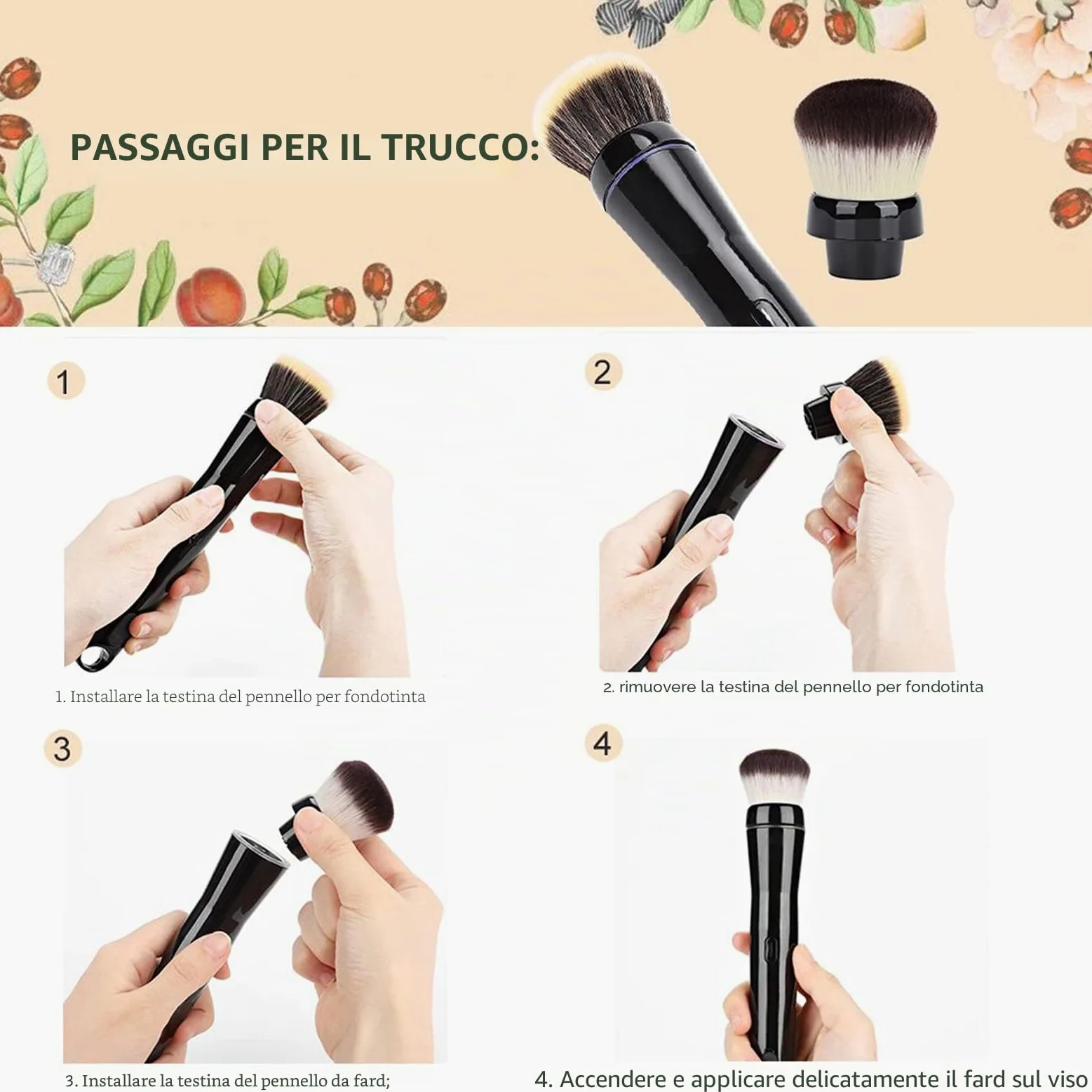 Pennello Elettrico per Trucco Pennello per Trucco Rotante Automatico con Testine per Fondotinta e Fard per Trucco a Base di Crema Liquida in Polvere per Tutti i Tipi di Pelle