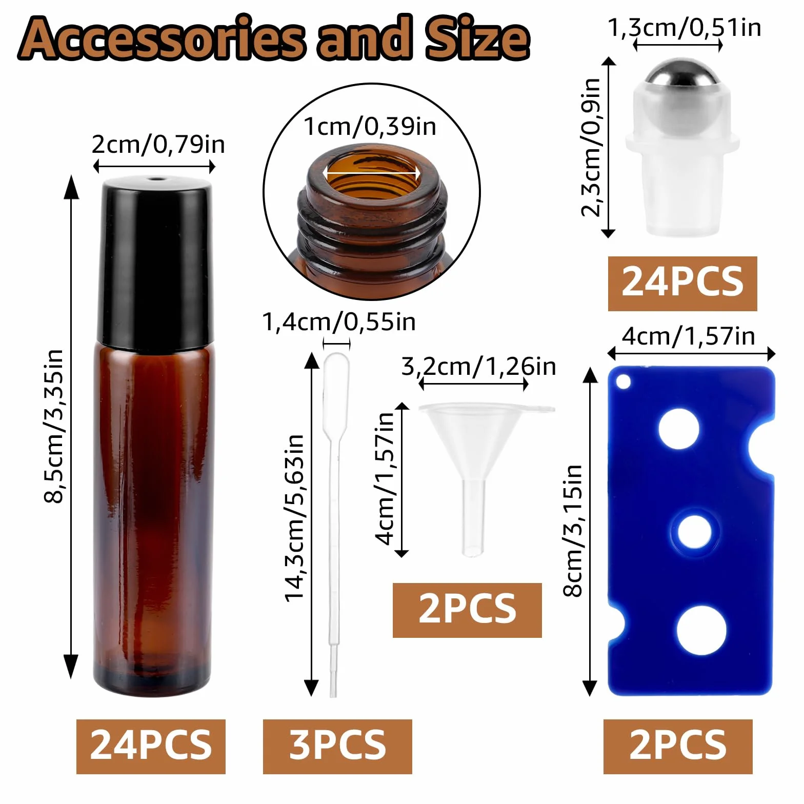 24 pezzi oli essenziali Roller bottiglie di vetro, 10 ml vuoto di vetro Roll-on bottiglie, marrone Roll on bottiglie di vetro con imbuto, apri pipette, per oli essenziali
