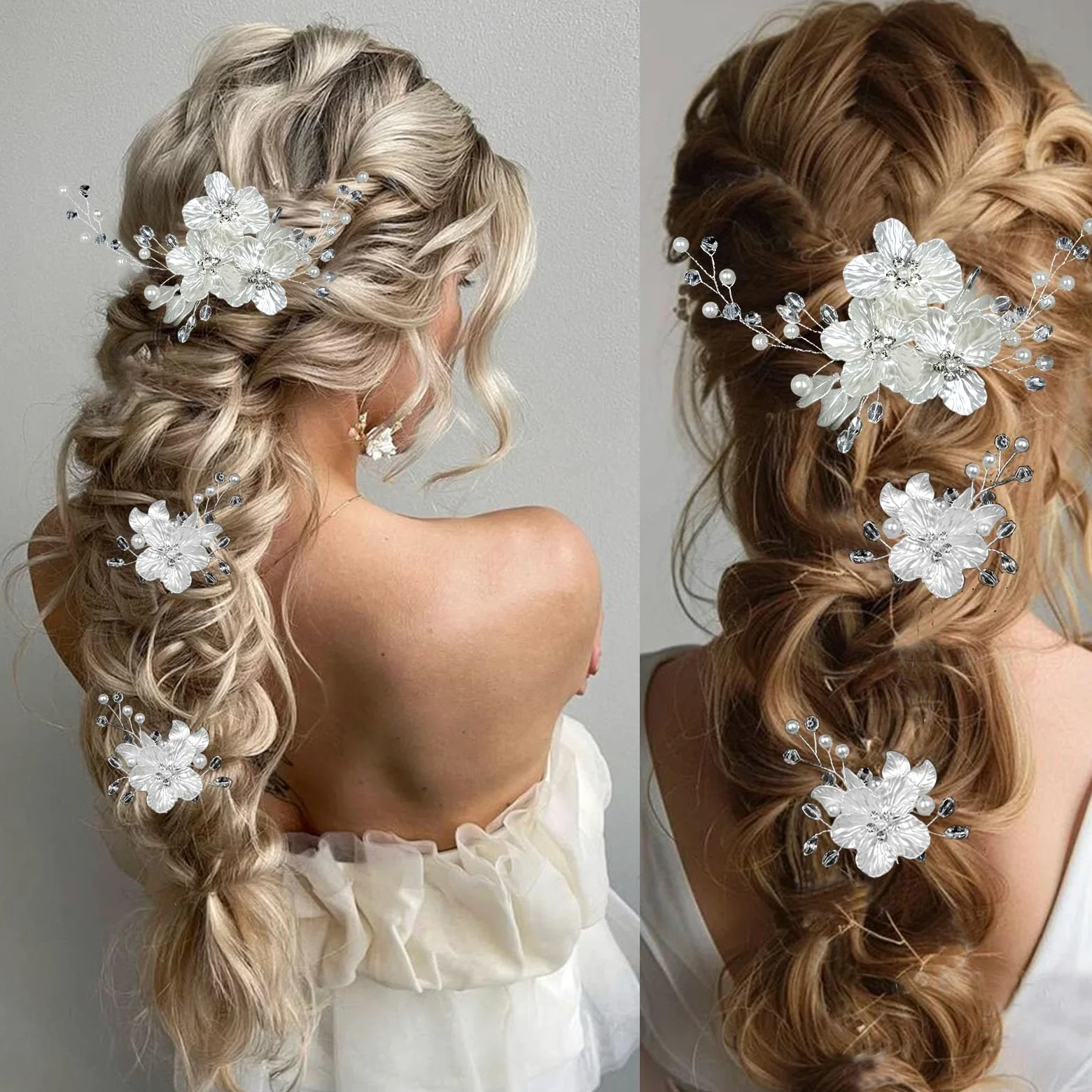 3 forcine per capelli da sposa con perle di cristallo, accessori per capelli da sposa, gioielli con strass, glitter in rilievo fiore bianco