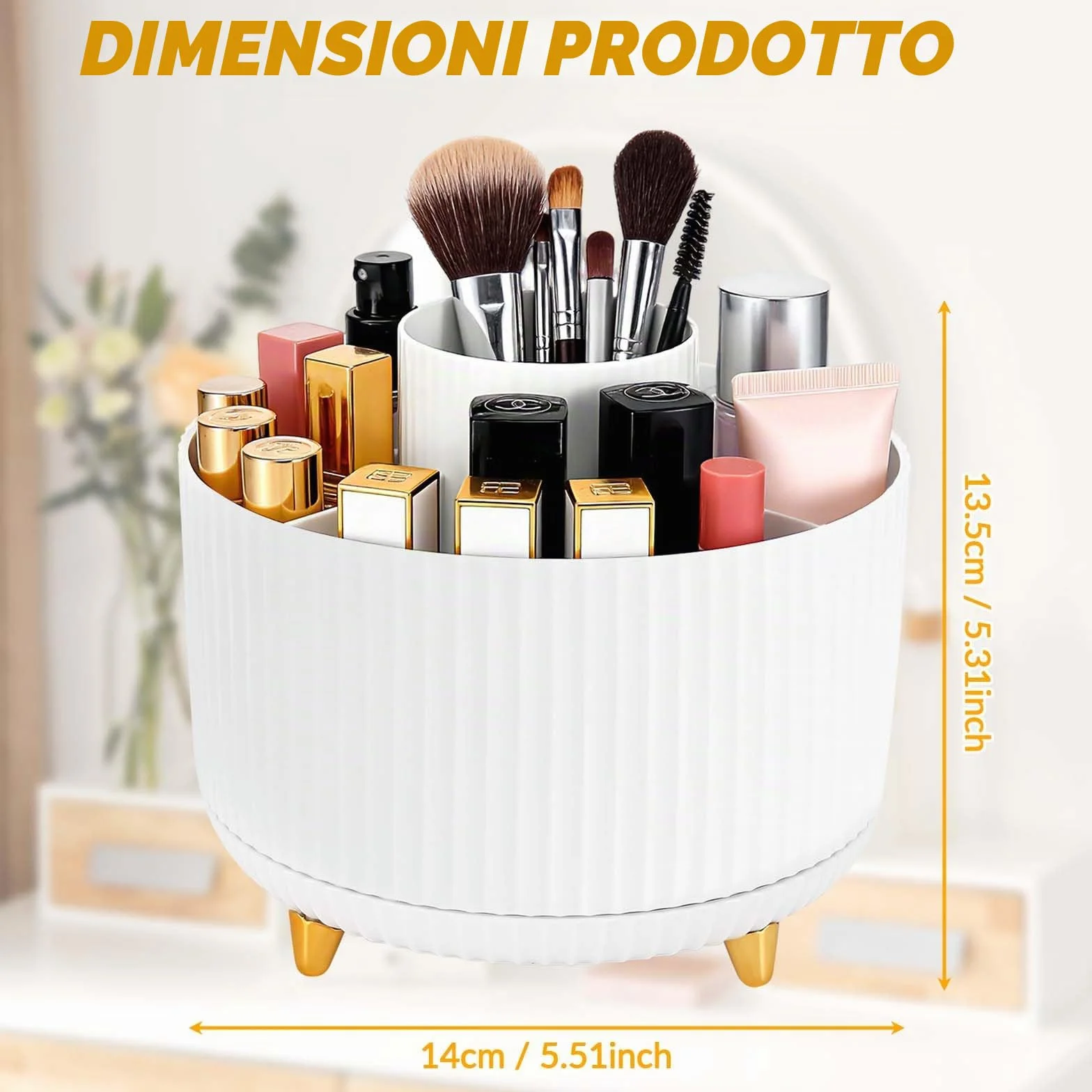 Organizer Porta Trucchi Girevole 360°, Spazzola 5 Griglie, Bianco