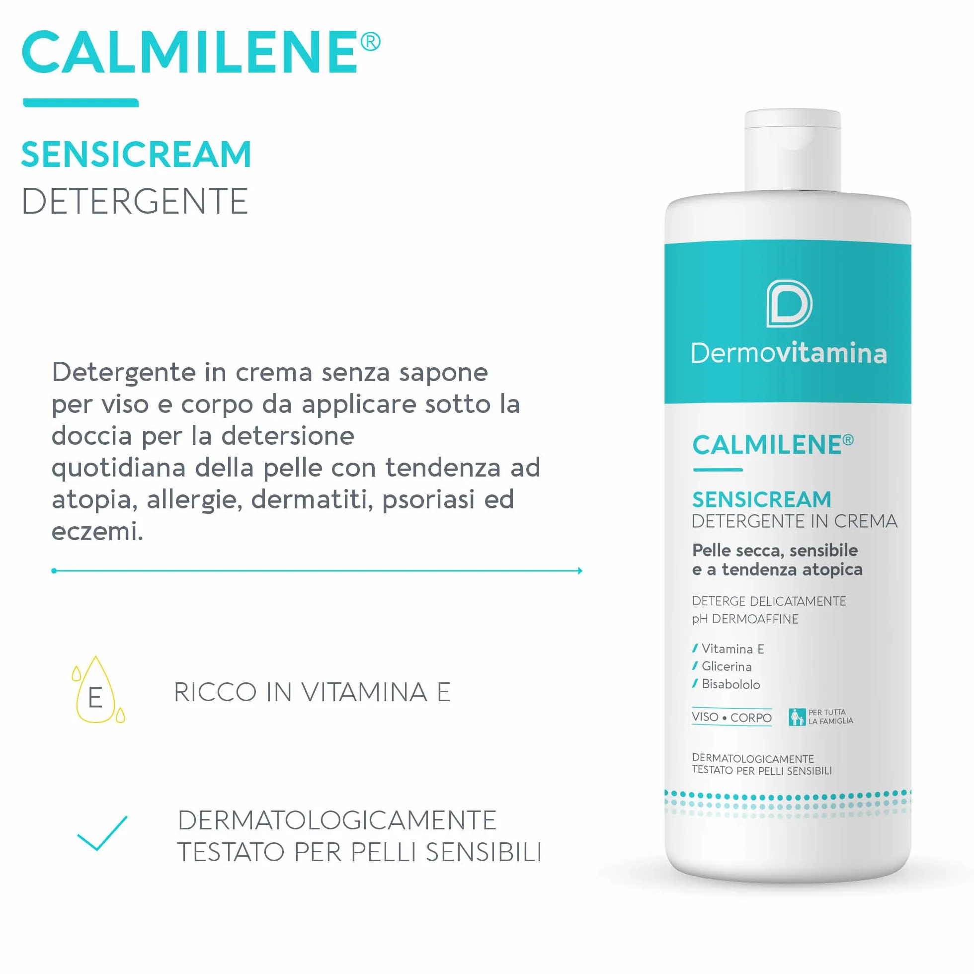 Dermovitamina Calmilene Sensicream Detergente 500 ml - Detergente Viso - Crema Idratante Viso e Corpo - Per pelle sensibili e dermatiti - Con Vitamina E e Calmilene - Senza Sapone