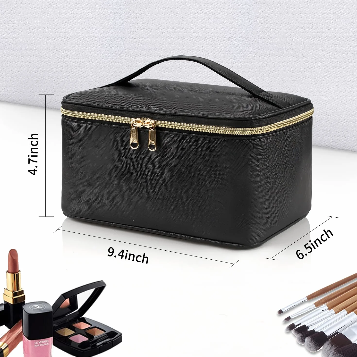 Borsa per il trucco, borsa cosmetica portatile, organizer per il trucco da viaggio, grande capacità, nera per donne, borsa da toeletta per ragazze con manico e divisorio da viaggio, A-Nero, Da viaggio