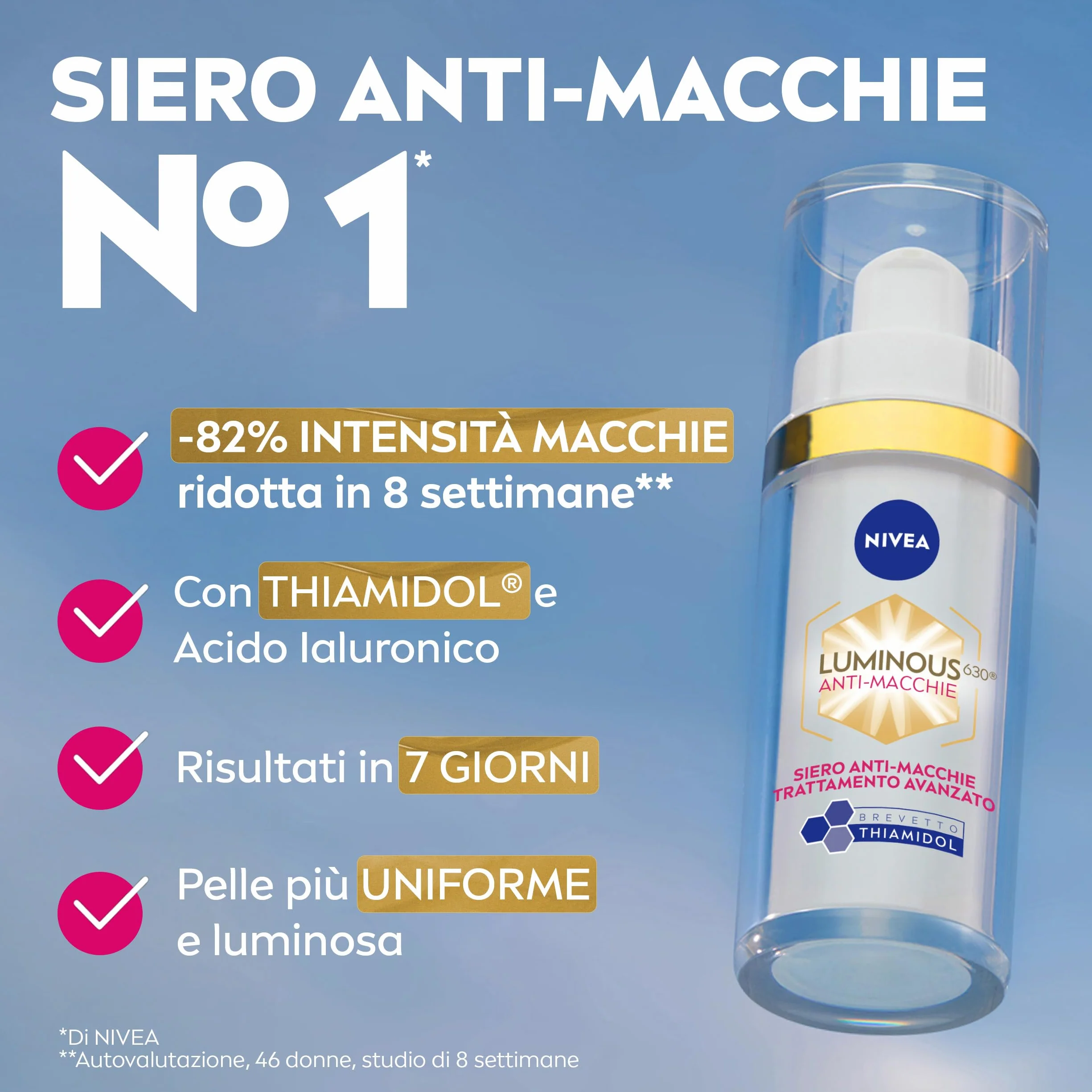 NIVEA Luminous630 Siero Viso Anti-Macchie Trattamento Avanzato 30 ml, Siero antimacchia viso per una pelle luminosa, Siero viso Acido Ialuronico e Thiamidol brevettato per tutti i tipi di macchie