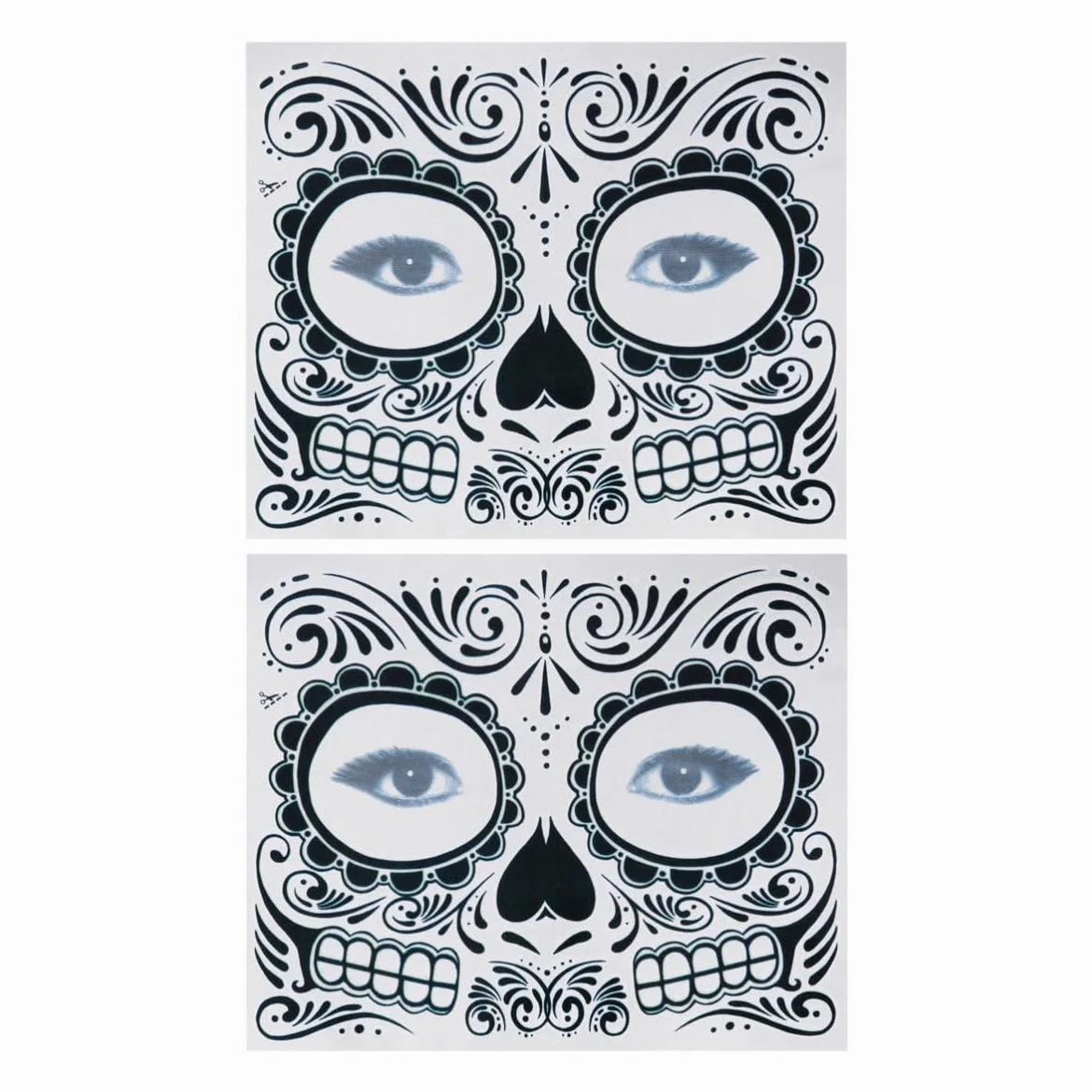 2 Pezzi Tatuaggi Temporanei Impermeabili per Halloween Tatuaggio Faccia Scheletro Nero in Carta Sicuro per Feste e Party Design T-007