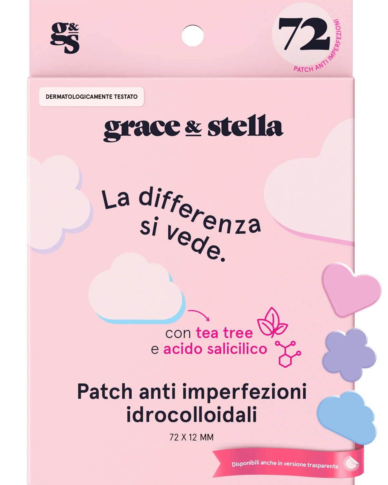 grace & stella Cerotti Idrocolloidali e Anti Imperfezioni Viso - Hydrocolloid Patch Dermatologicamente Testati, Vegan, Cruelty-Free [Misti, 72 Pezzi]