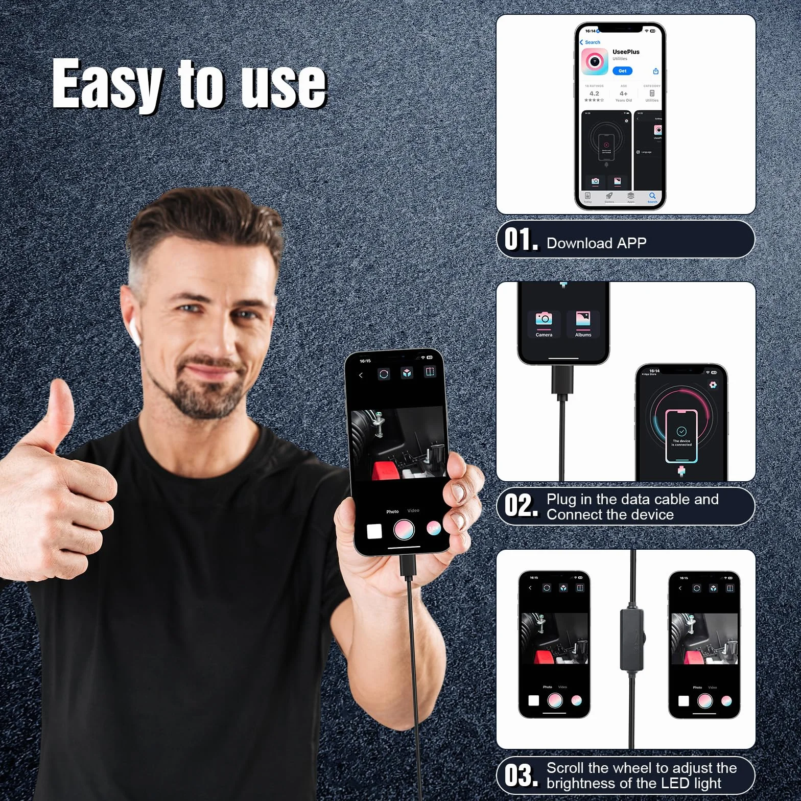 Endoscopio per Smartphone 1920P 8 LED IP67 Impermeabile Compatibile iOS Android 5M