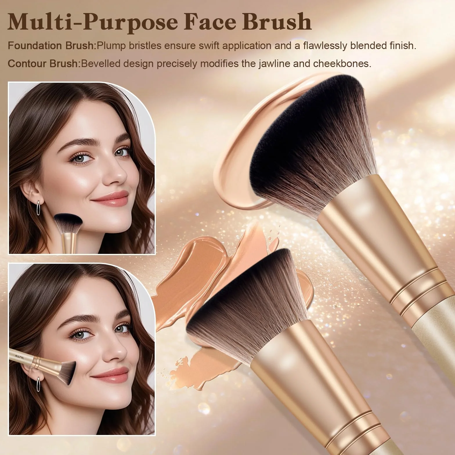 Set 6 Pennelli Doppi Trucco Professionali, Champagne, Pennello Fondotinta incluso, Pennelli Make Up per Viso Contour Occhi Labbra, Confezione Regalo da Viaggio per Donne