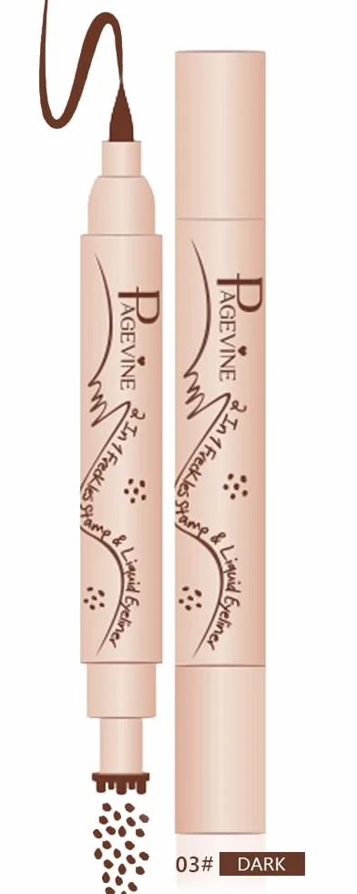 2 in 1 Freckle Maker e Eyeliner, Penna per Lentiggini Finte con 6 Punti Irregolari Naturali, Punta Spugna Antisfilamento, Waterproof e 24H, Ideale per Makeup Quotidiano e Festival - 3.0 Scuro