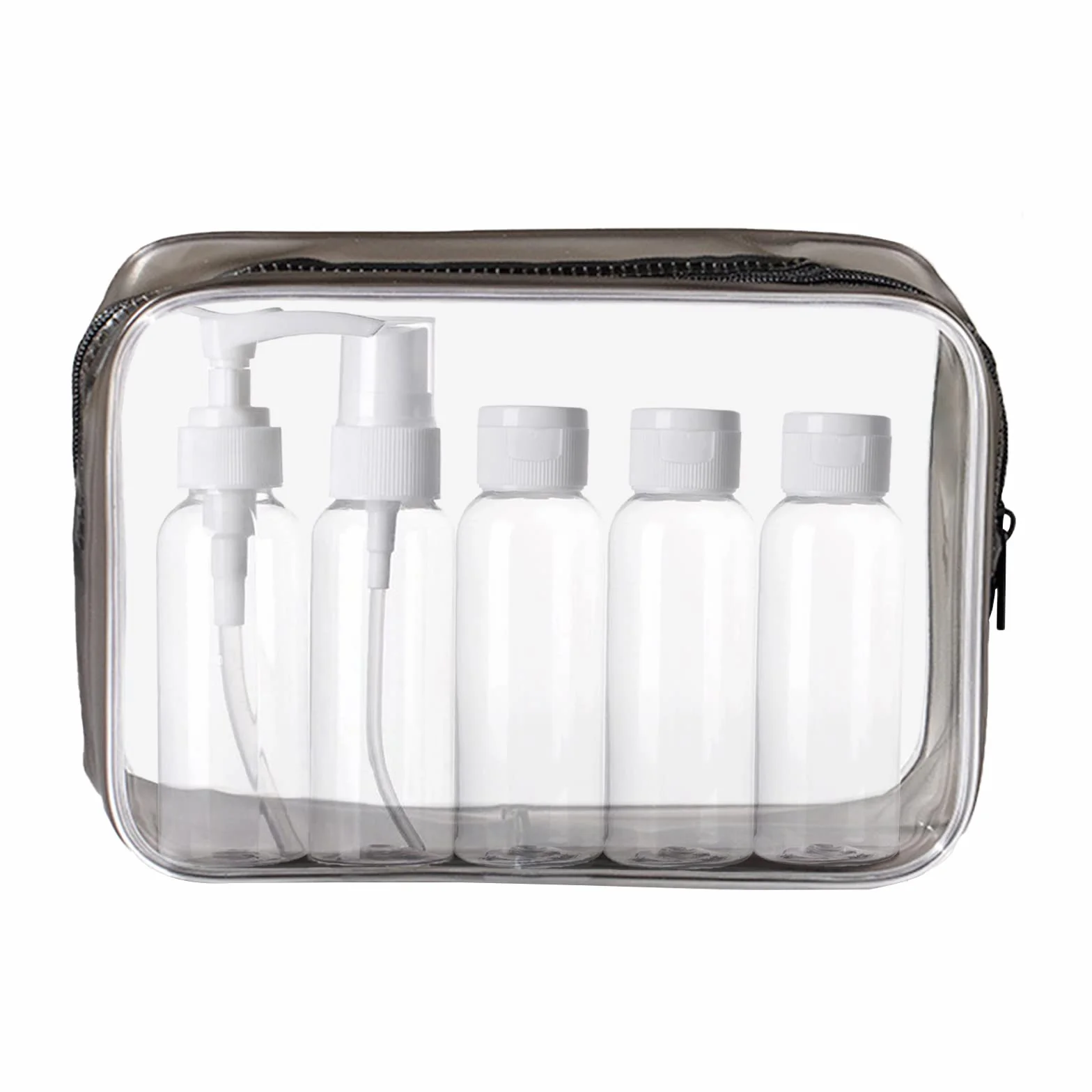 KEYRI 5 Pezzi 100ml Contenitori da Viaggio per Liquidi Bottigliette da Viaggio Set per Aereo Kit da Bottiglie da Viaggio con Trasparente Volo Borsa da Toilette Set da Viaggio per Cosmetici, FDA (Nero)