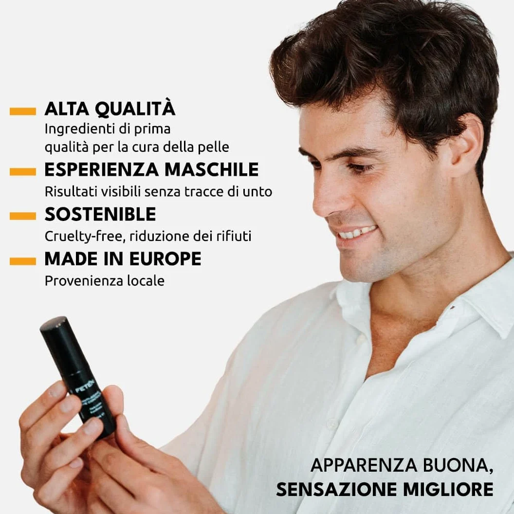 FETEN Contorno Occhi Uomo - Crema Antiocchiaie per occhiaie scure e borse effetto immediato, Siero Antirughe con Vitamina C per palpebre cadenti, Trattamento Schiarente 15ml (Confezione da 2)