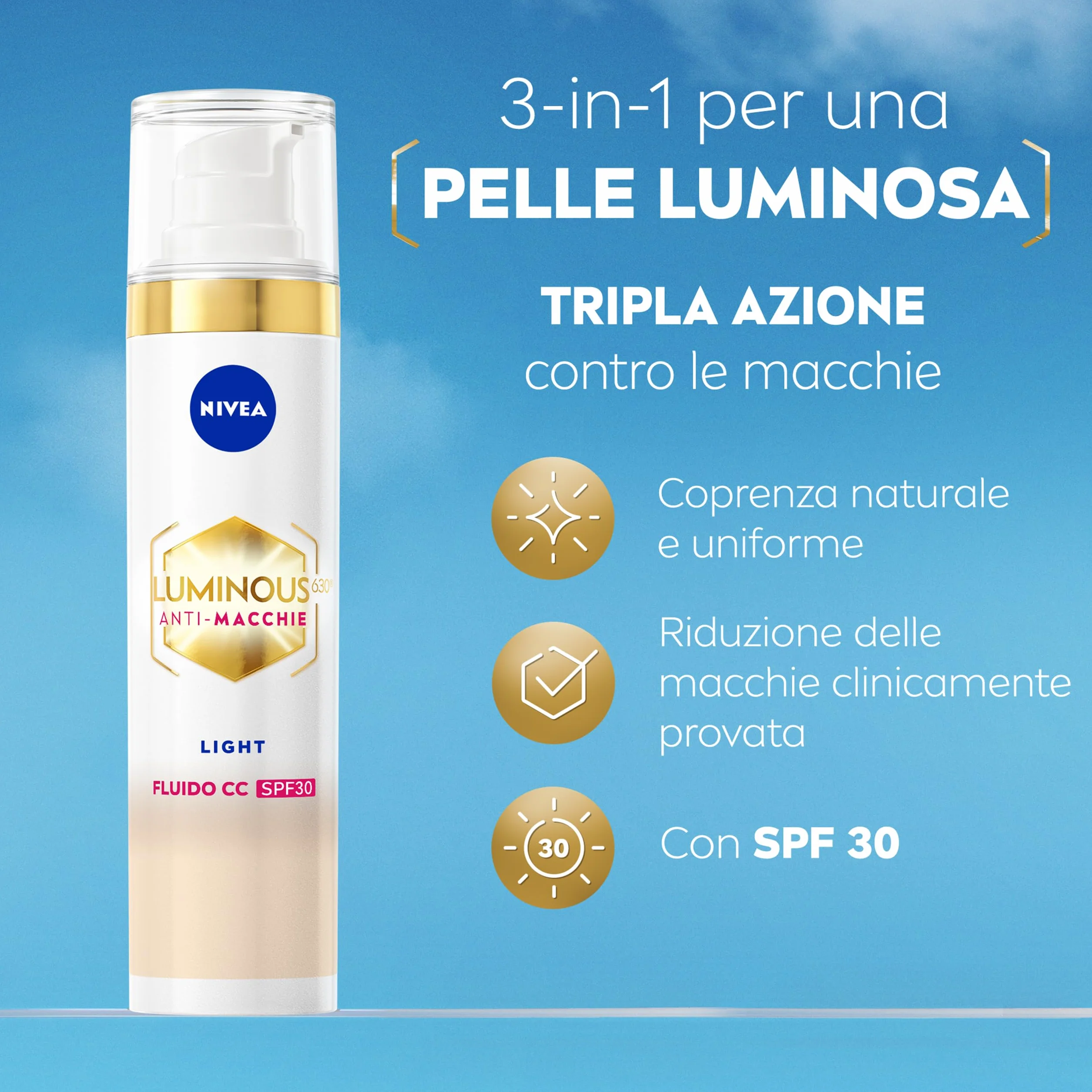NIVEA Luminous630 Fluido CC Cream SPF 30 3-in-1 Light 40 ml, Crema colorata viso con pigmenti incapsulati e tripla azione anti-macchie, Crema antimacchie viso con Acido Ialuronico e Thiamidol