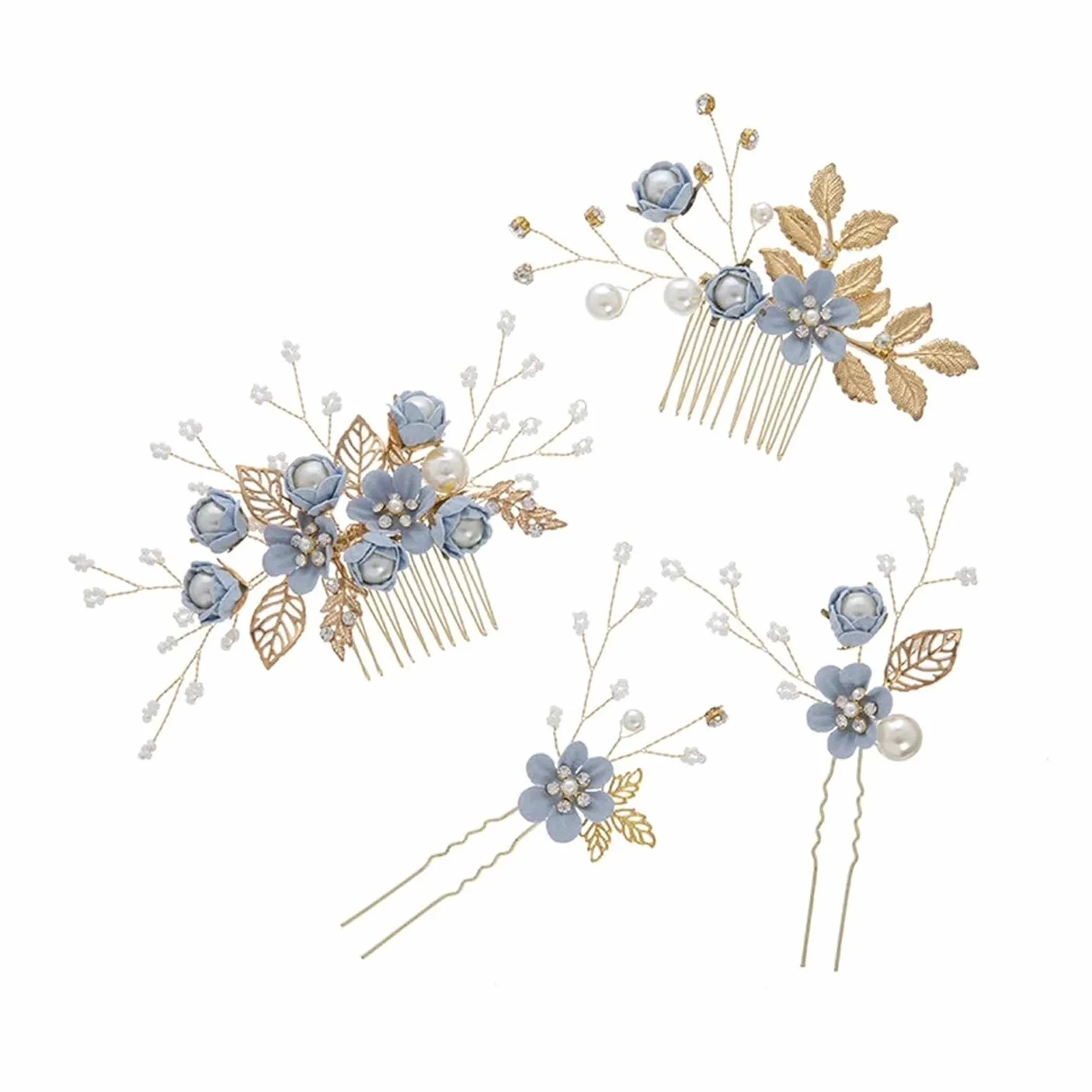 Palillos Para El Pelo Set di 4 pettini for capelli con fiori di cristallo e forcine for capelli, con perle e strass, set di gioielli da sposa, accessori for nozze(Pink)
