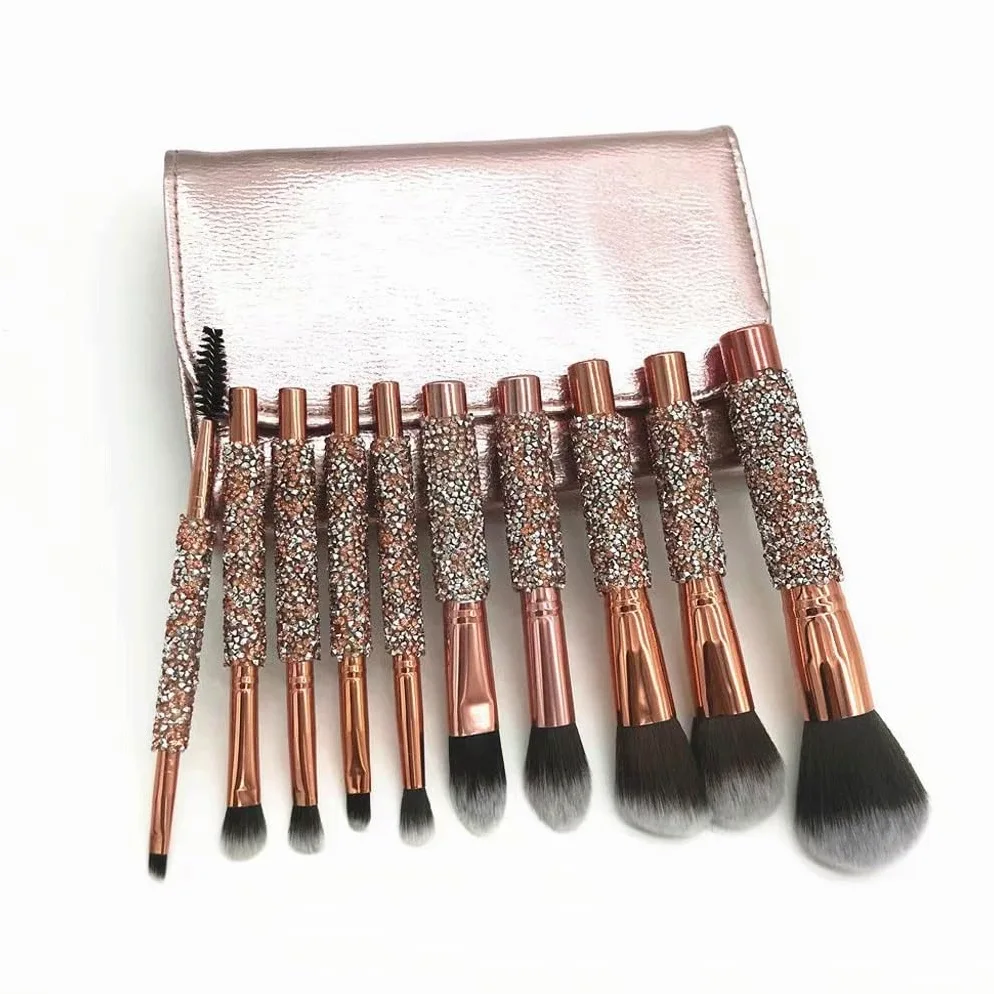 Set di pennelli per Trucco con avvolgimento di Diamanti da 10 Pezzi, Spazzola per Capelli Morbida avvolta con Diamanti con Borsa, Portatile PE