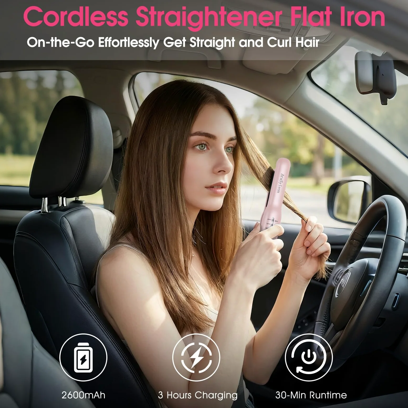 Piastra per capelli senza fili, da viaggio, per capelli corti, rosa | Mini ferro piatto portatile portatile ricaricabile da viaggio compatto