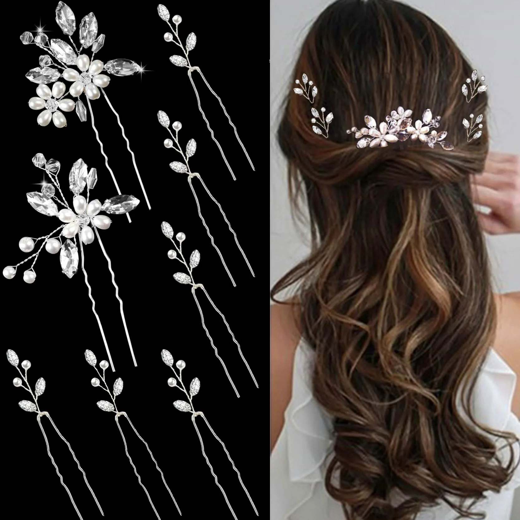 8 forcine per capelli da sposa, argentate, con strass, accessori per capelli per spose, damigelle d'onore, donne e ragazze