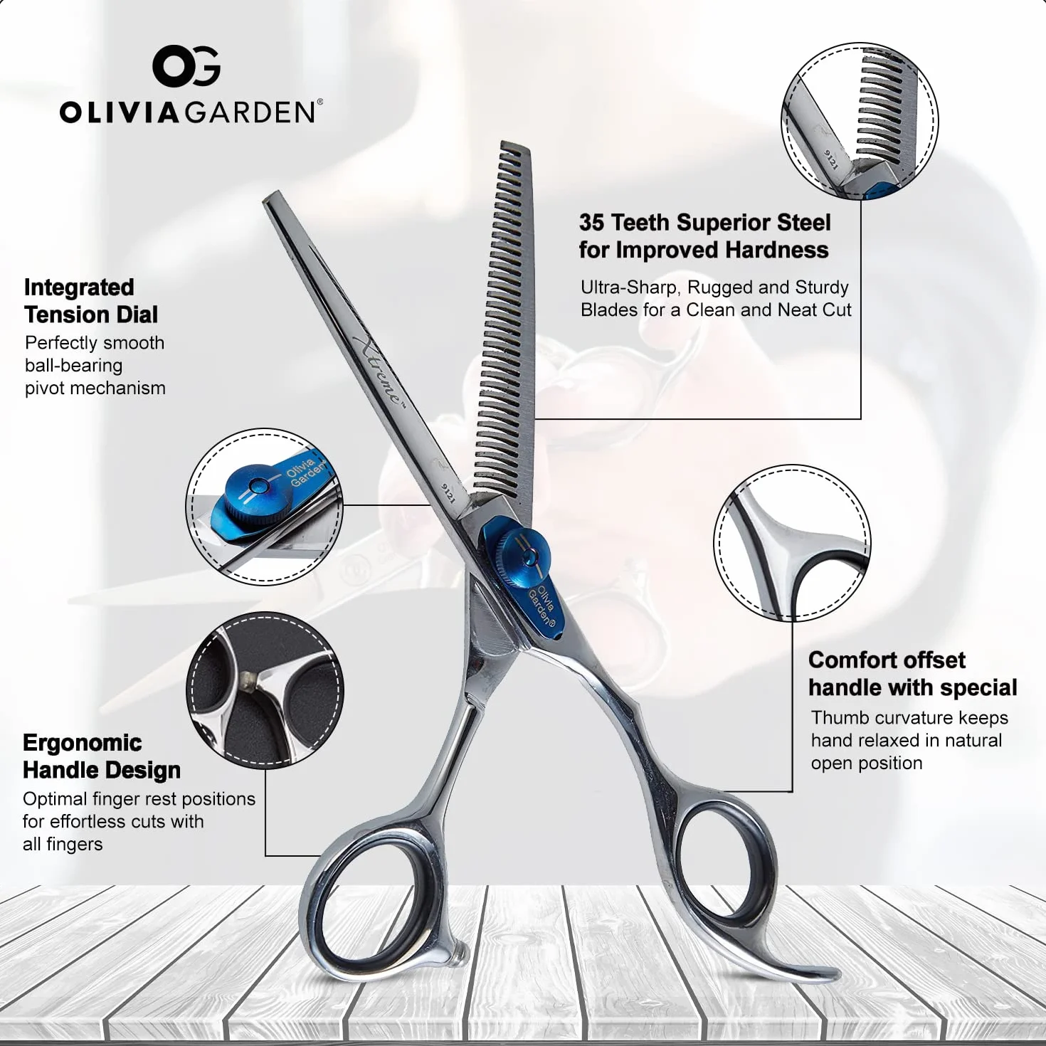 Olivia Garden Xtreme 6.0" 35 denti Sfoltitrice Europea - Forbici per Mano Destra - Manico Ergonomico, Tensione Regolabile, Perfette per Sfoltire e Testurizzare