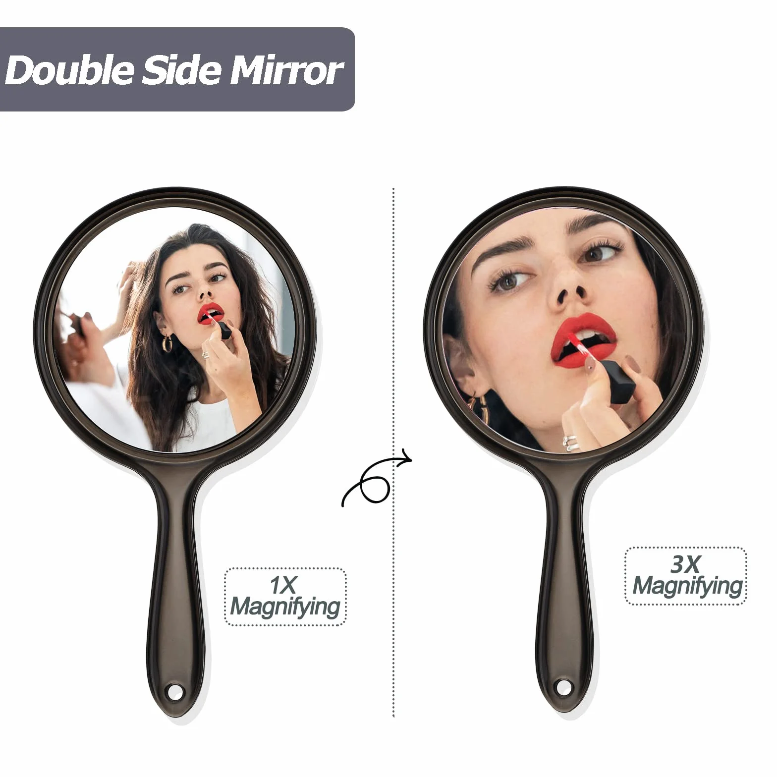 Specchio a Mano per Trucco 1X/3X Ingranditore Doppia Faccia Rotondo Nero