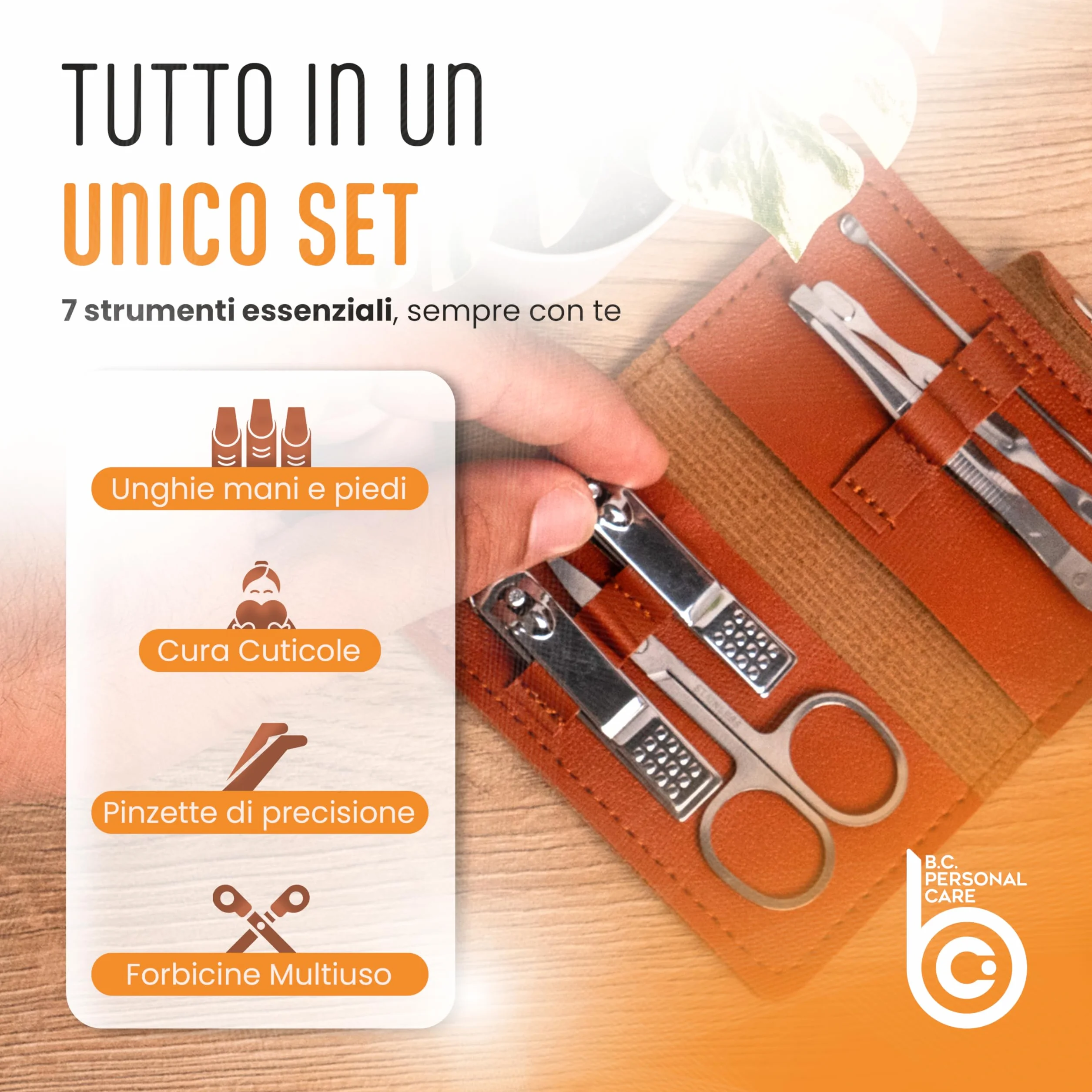 Set Manicure 7 in 1 con Pochette - Kit Unghie Mani e Piedi da Viaggio con Pinzette Tronchesi Forbicine Lime