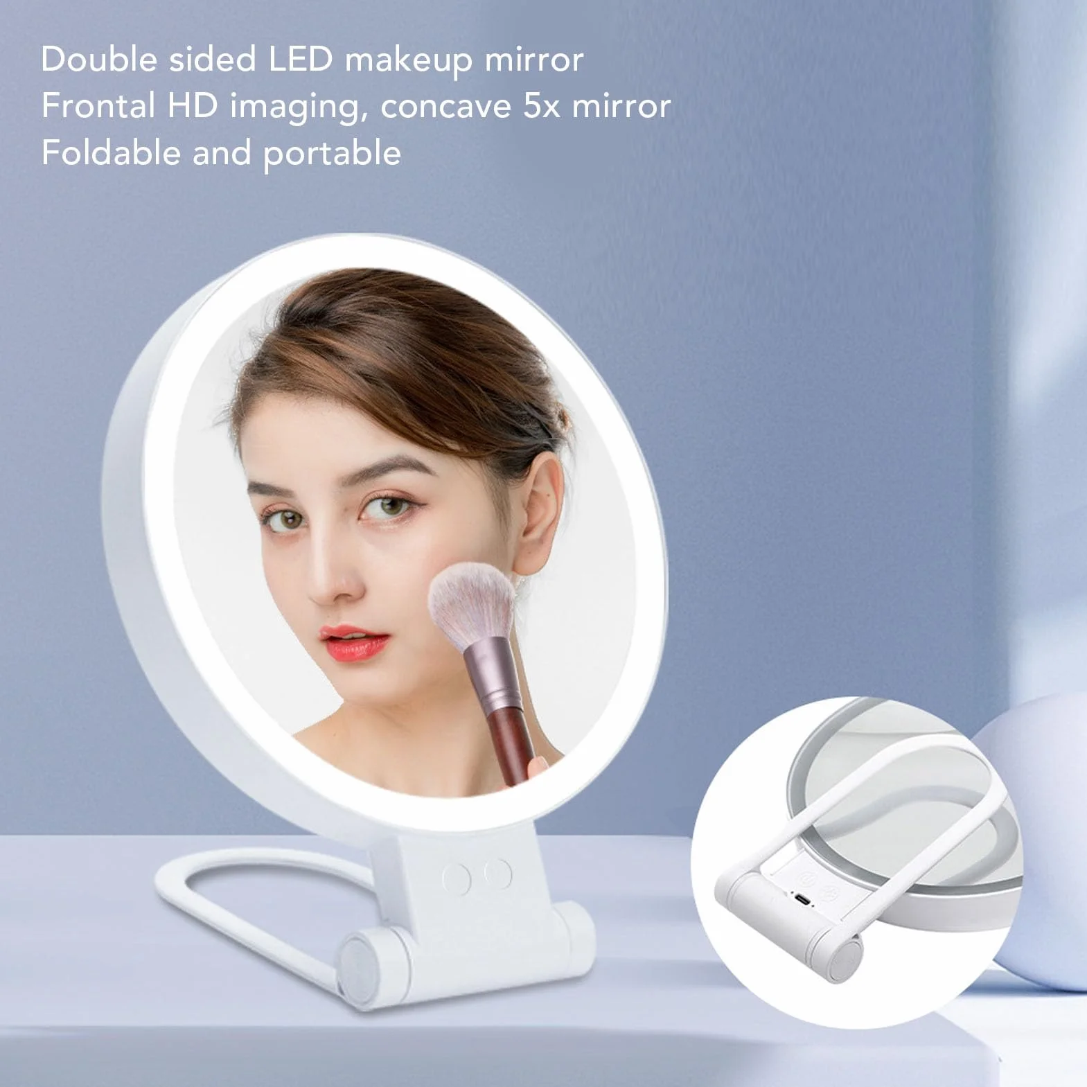 Fabater Specchio Ingranditore Bifacciale 1X 5X con Luce LED Tavolo Specchio Cosmetico Maniglia Pieghevole Viaggio Portatile Bianco, Touch Control Illuminazione a Tre Colori USB