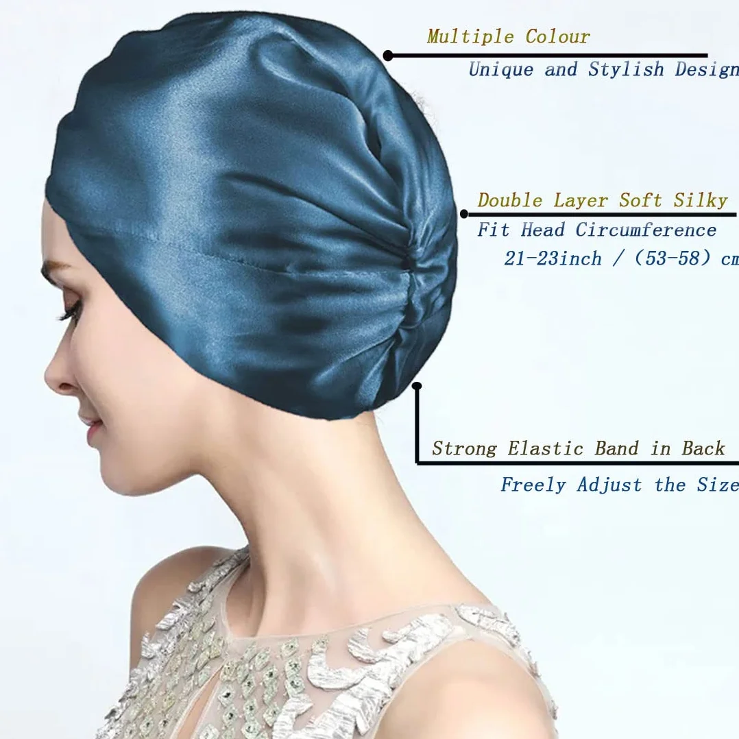 Cuffia Seta Capelli Ricci, Cuffia Capelli Ricci Notte per Dormire, Doppio Strato Cuffia di Seta per la Notte Capelli Ricci, Abbina Fascia Elastica Forte Applicare al Lavaggio, Trucco, Sport