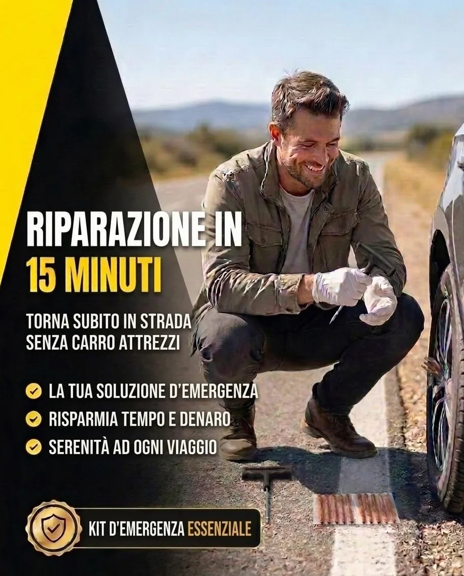 Kit Riparazione Pneumatici Auto Moto - Include 10 Tasselli, 2 Attrezzi a T, Guanti e Taglierino