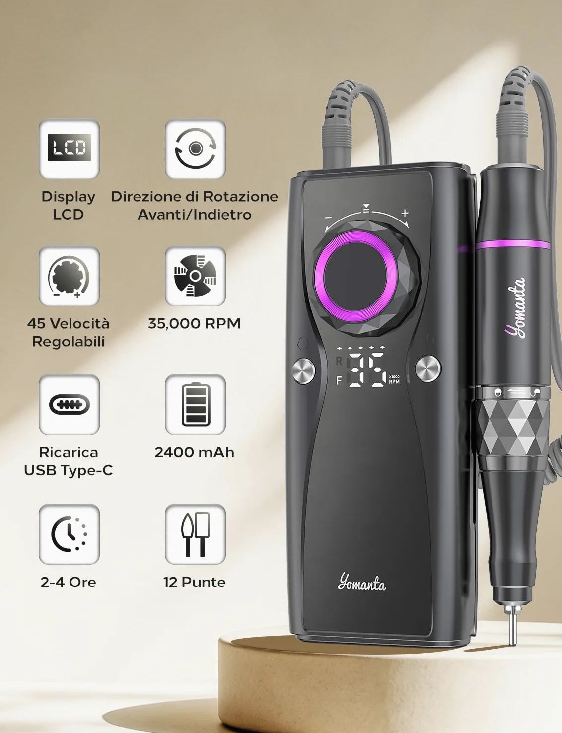 Fresa per Unghie Professionale Ricaricabile Portatile 35000 RPM Schermo LCD lima elettrica per unghie con 12 Testine Iucidanti Velocità Regolabile Manicure Setper Casa e Salone