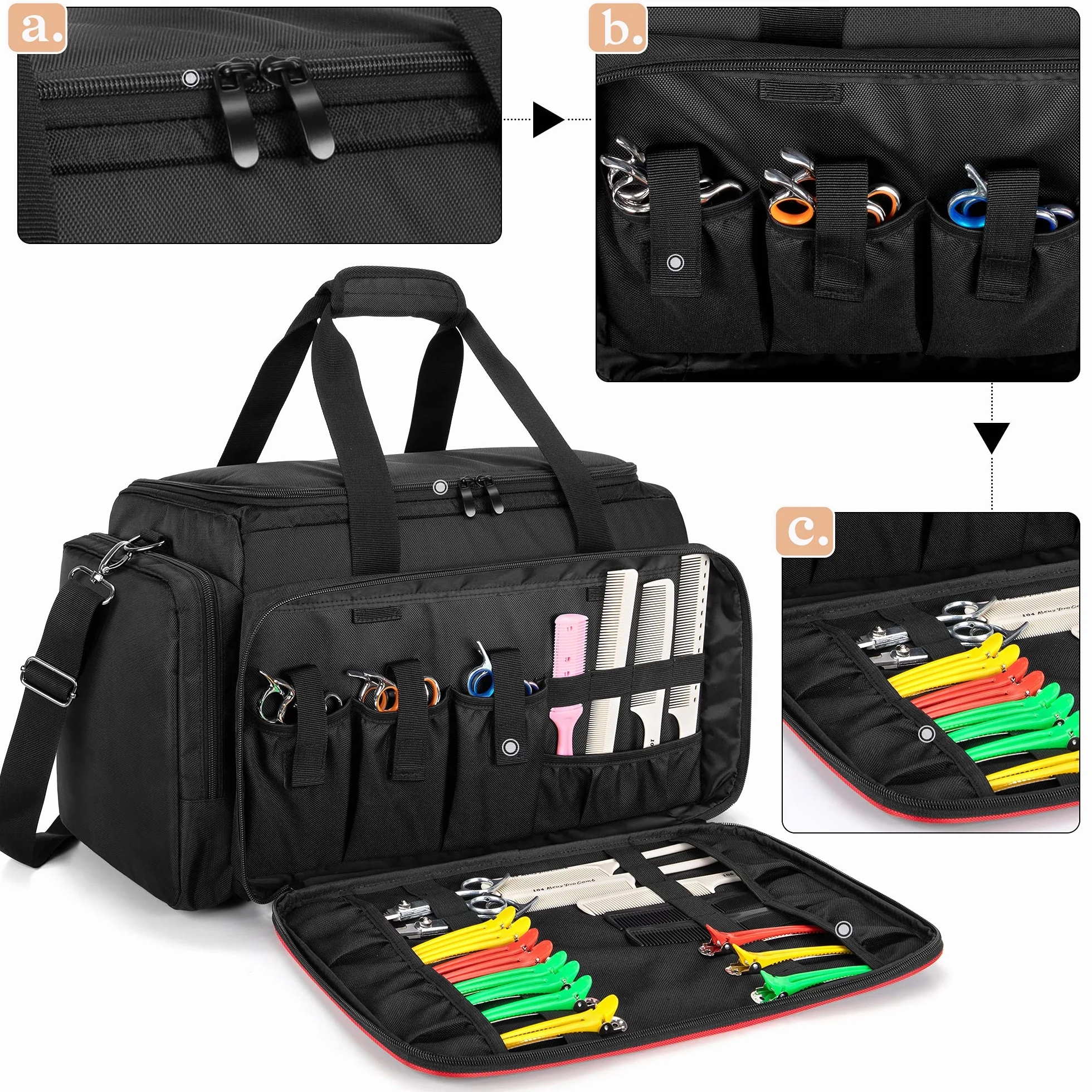 BAFASO Borsa da Parrucchiere Grande con Divisori Regolabili, Professionali Borsa per Parrucchieri, Valigetta per il Trasporto di Barbiere, Nero