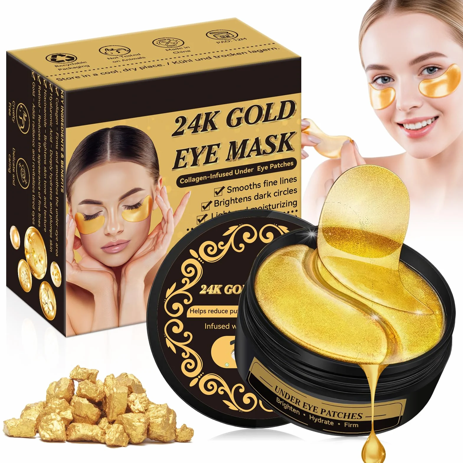 60 Pezzi Patch Contorno Occhi, Patch Occhiaie e Borse in Gel per Sotto gli Occhi, Maschera Contorno Occhi Idratante, Effetto Rinfrescante per Occhi Stanchi, Unisex (24K Gold)