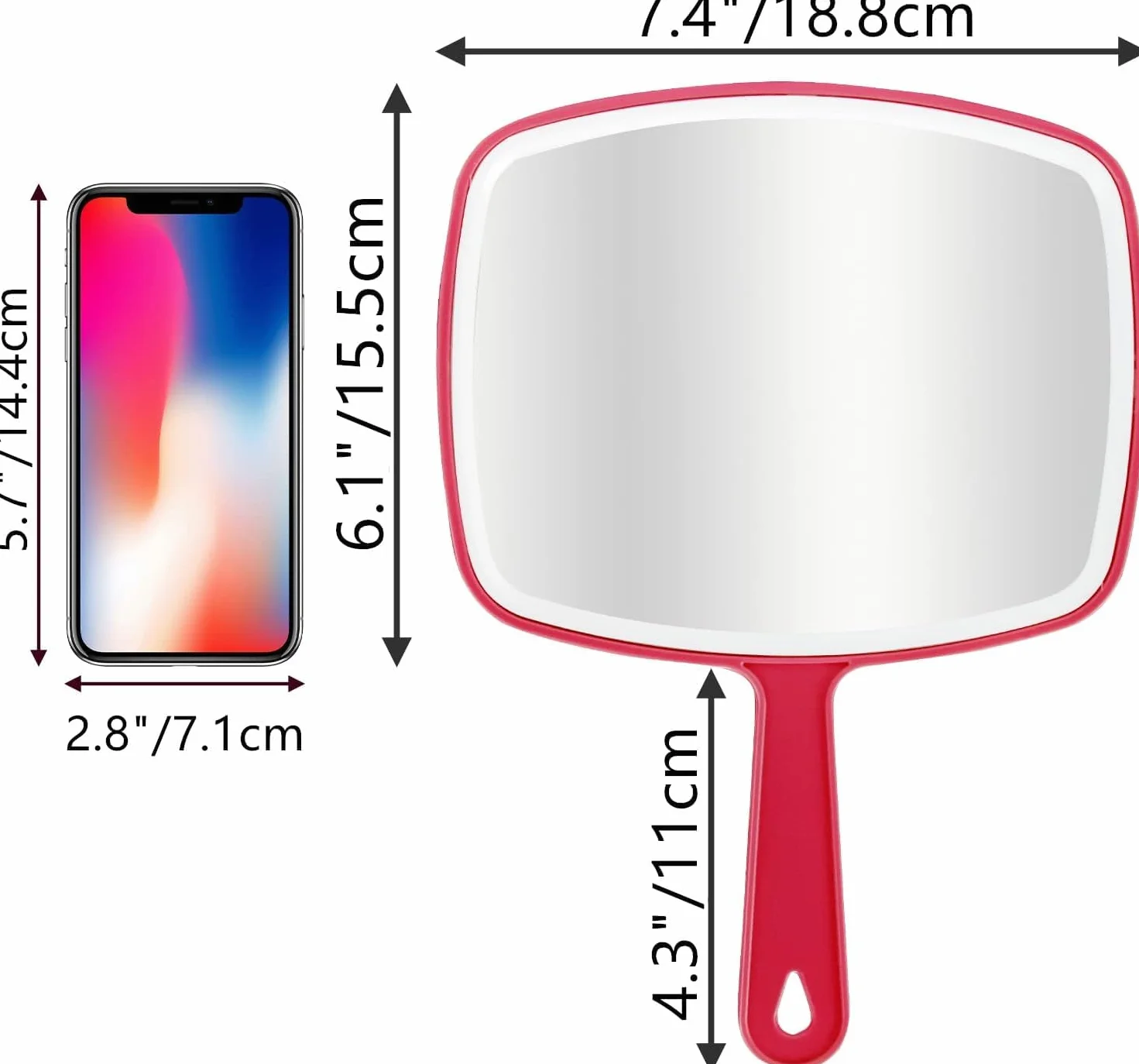 Specchio a mano portatile con manico 26.4 x 18.8 cm Rosso