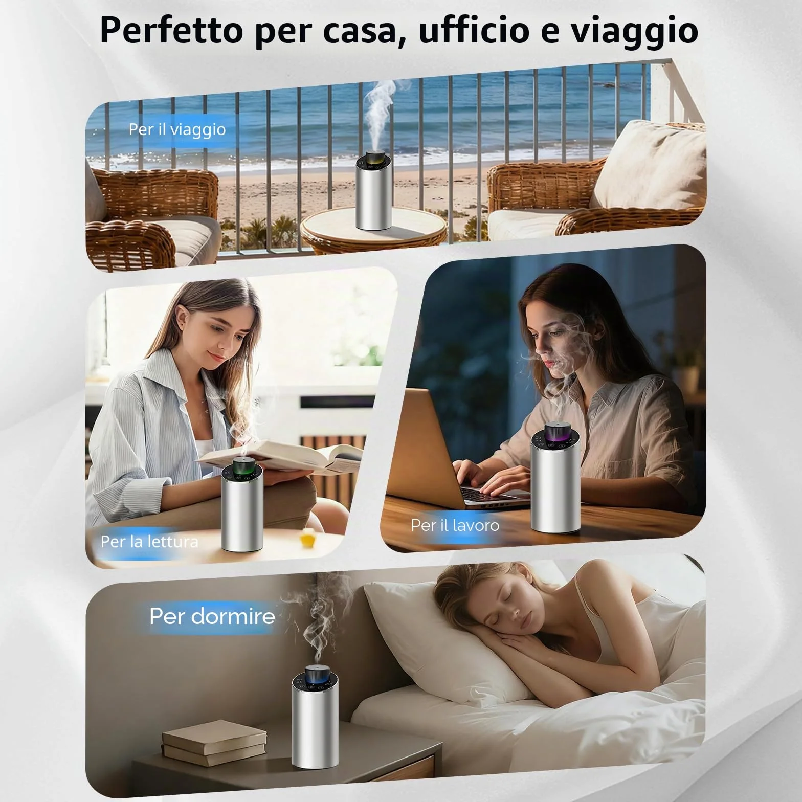 Diffusore oli essenziali per Auto Ufficio Casa Mini Aroma Batteria 4 Timer 3 Livelli Nebbia Argento