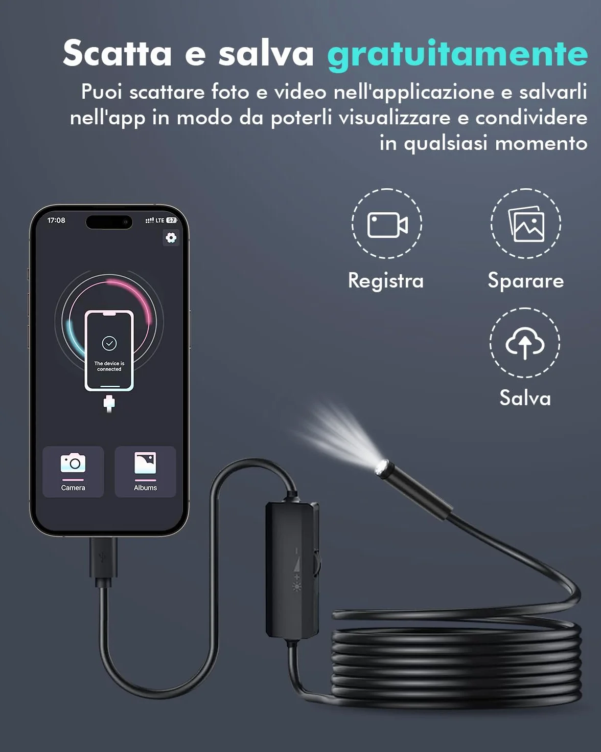 Endoscopio HD 1920P per Smartphone con Sonda Semirigida Impermeabile 8 LED 5M Android iOS iPad