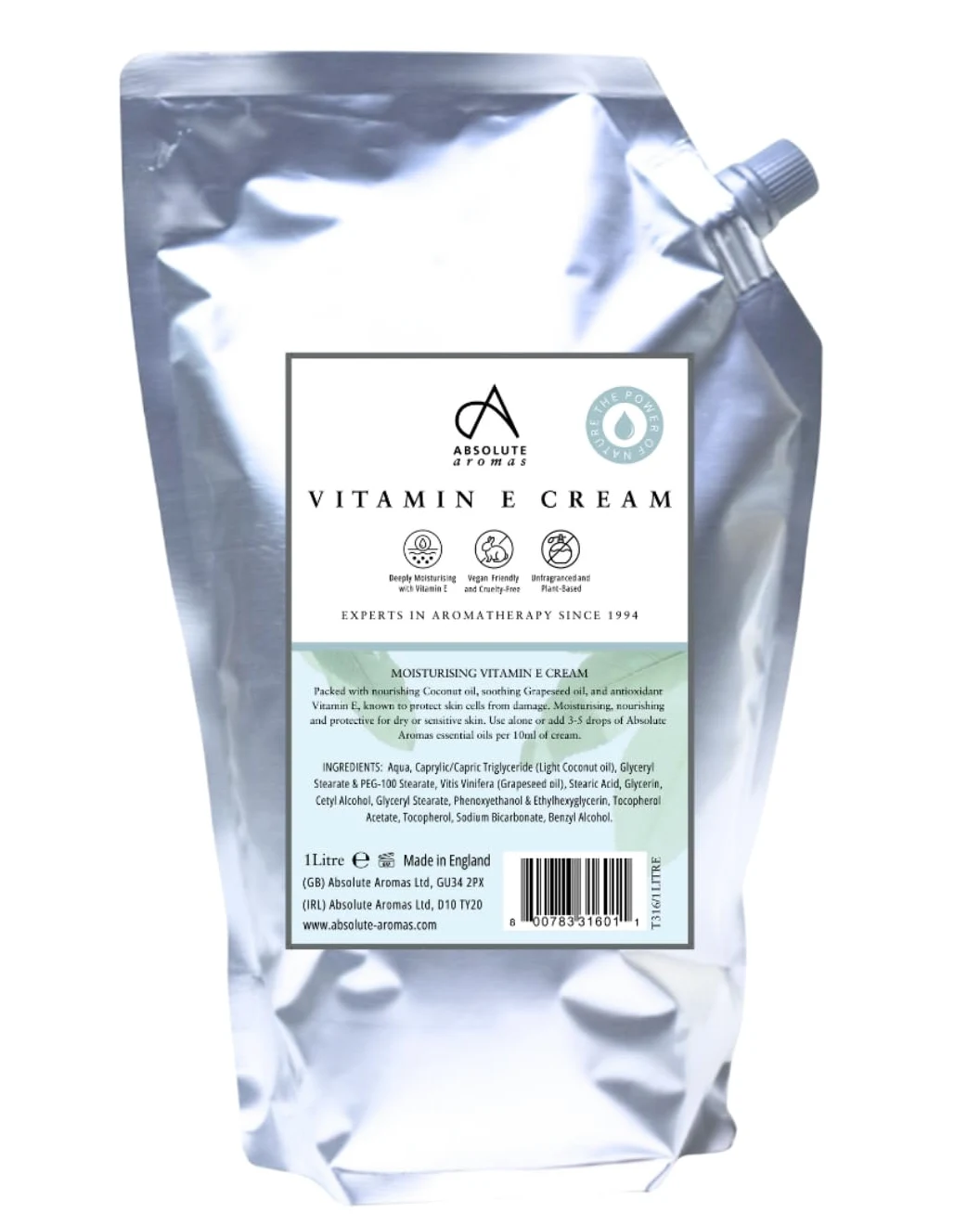 Absolute Aromas Crema Vitamina E 1 kg - Crema Base Senza Profumo, Priva di Parabeni e Solfati - Crema Idratante per Viso, Corpo e Cicatrici