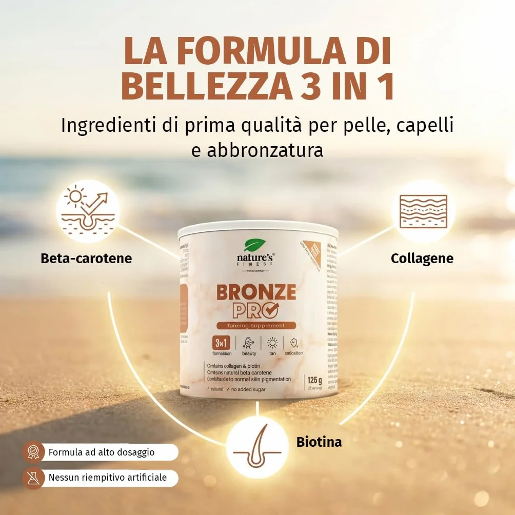 Nature's Finest Bronze PRO - Integratore Solare con Betacarotene Ultra Attivo - Abbronzante da Bere per Corpo e Viso - Acceleratore Naturale, Autoabbronzante, Protezione Solare - 125 g