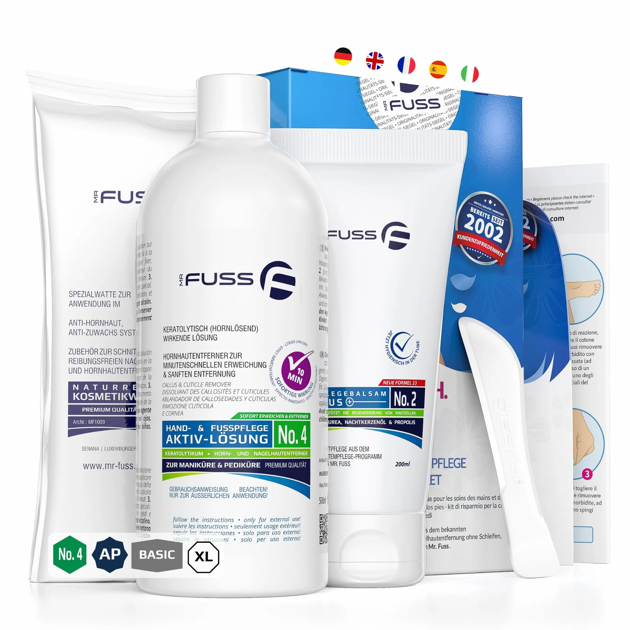 Mr. Fuss Soluzione attiva n. 4 Advanced Pack (grande) | rimuove i calli senza levigatura o sfregamento | Set di 4 pezzi per la rimozione di calli e cuticole