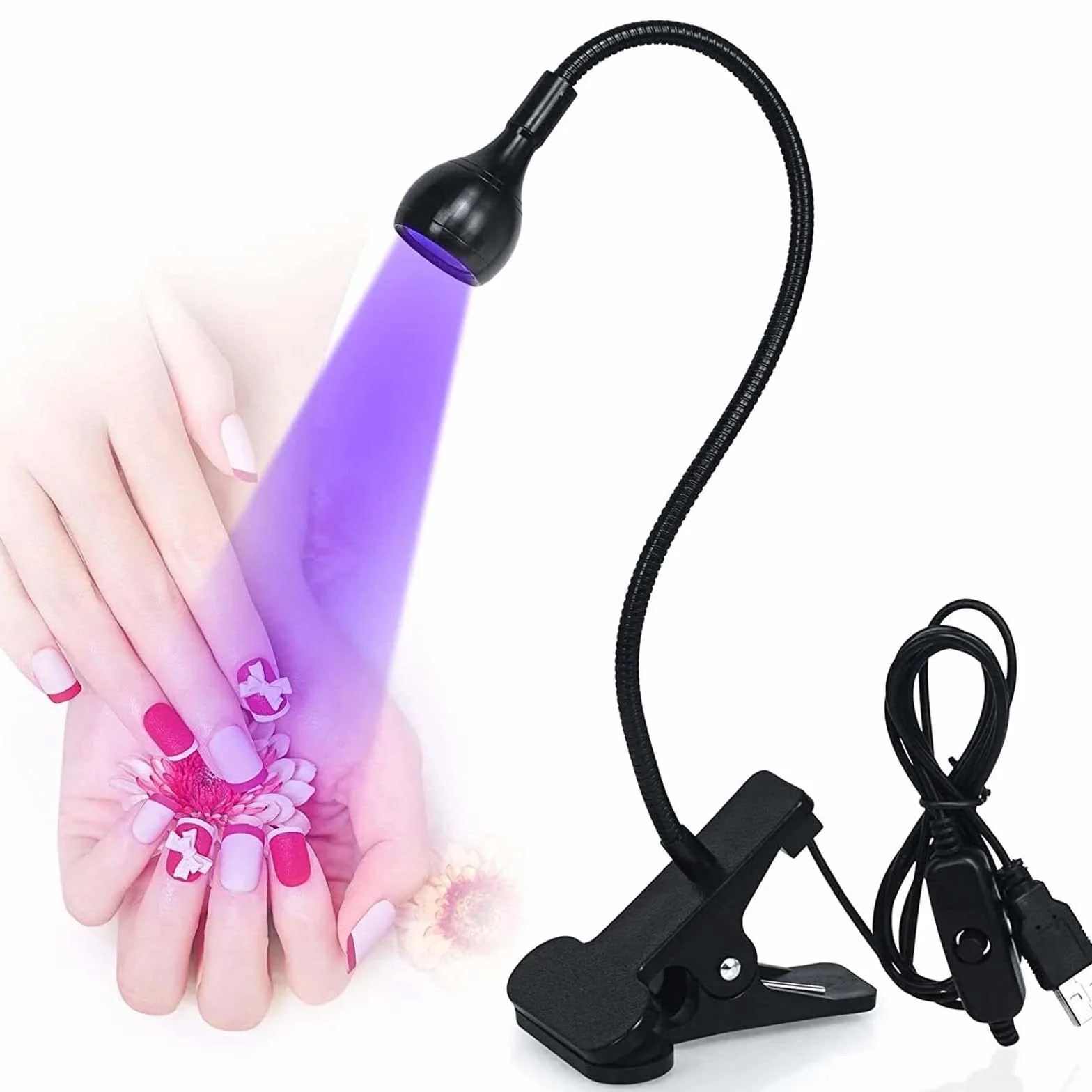 Lampada UV Unghie Gel 3W LED USB Lampada di Essiccazione UV per Gel Resina e Colla UV con Clip e Interruttore,Professionale Lampada Led Unghie Adatto per Manicure Indurimento Resina Nero
