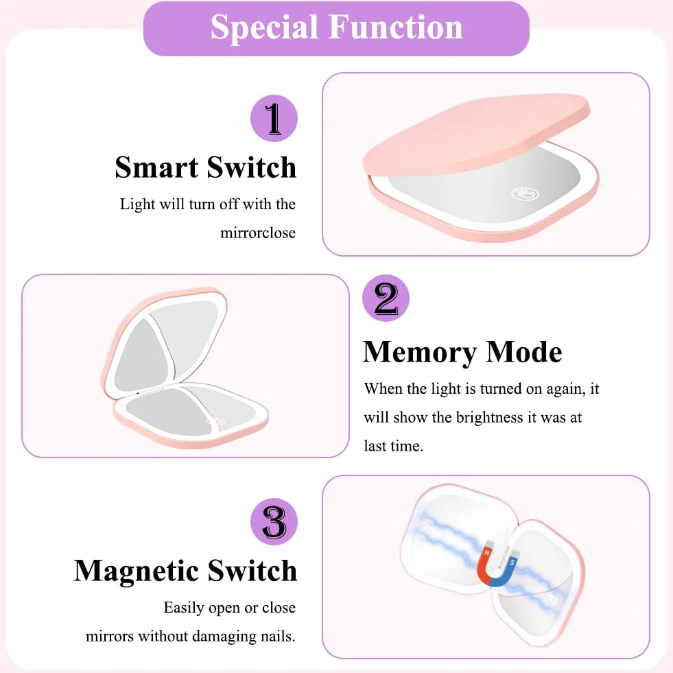 HOTUT Specchio da Trucco con Luce LED, 1X/3X Ingranditore da Viaggio, 3 Colori di Luce, Luminosità Regolabile, USB Ricaricabile, Rosa