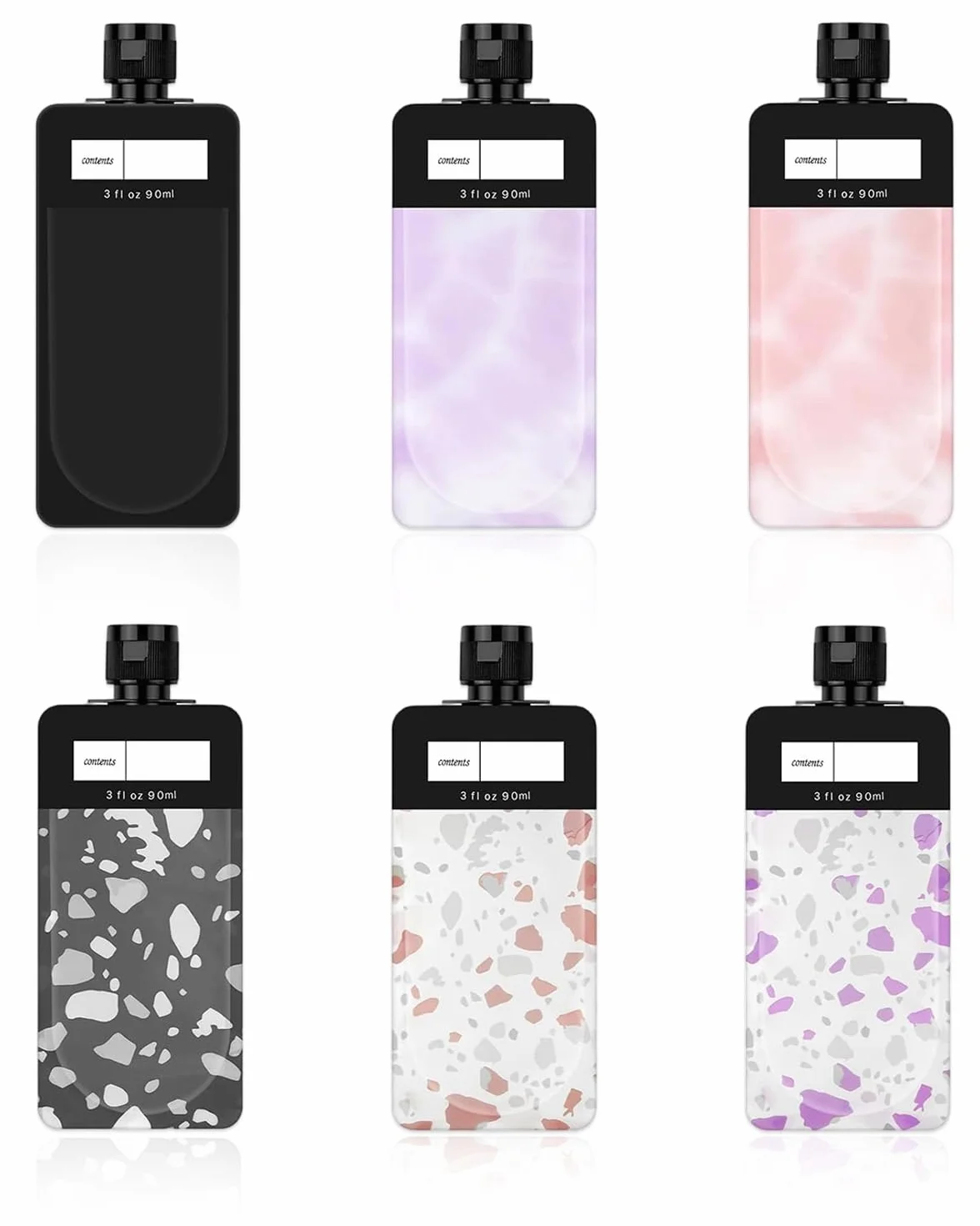 Flaconi da Viaggio Set 6 Pezzi, A Prova di Perdite, Riutilizzabili in Plastica per Shampoo, Lozione, Cosmetici. Ideali per Bagaglio a Mano Aereo (Rosa, Viola, Nero).