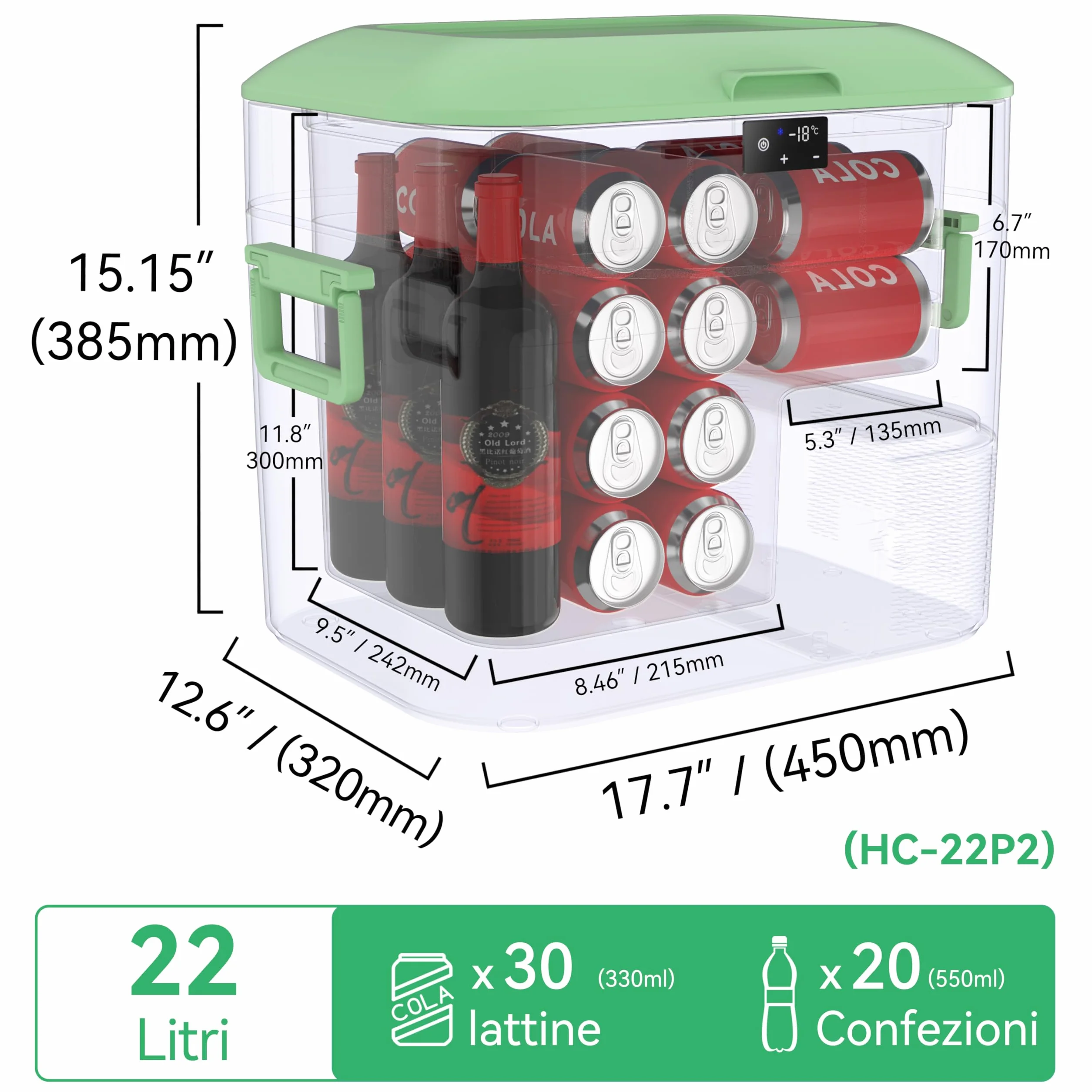 BINGI Frigorifero Portatile 22L con Compressore, -18℃ a +15℃, 12V/24V/220V per Camper Van Camion Barca