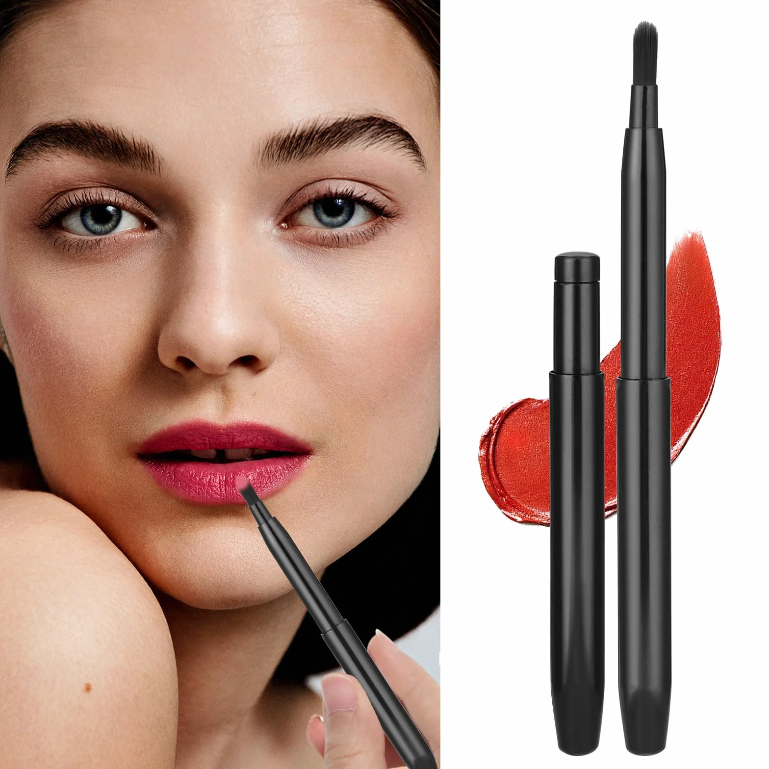 2 pennelli per labbra, rossetto, retrattile, nero, piatto, correttore, mini labbra, applicatore portatile per fondotinta, pennello per labbra