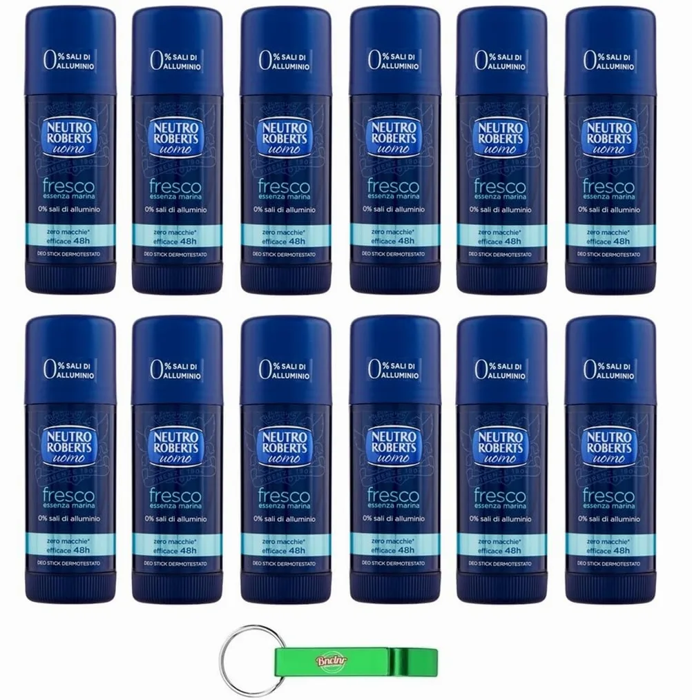 Neutro Roberts Deodorante Stick Uomo Fresco Essenza Marina - Deodorante Stick per uomini, 0% sali di alluminio, 40 ml + portachiavi Beni Culinari