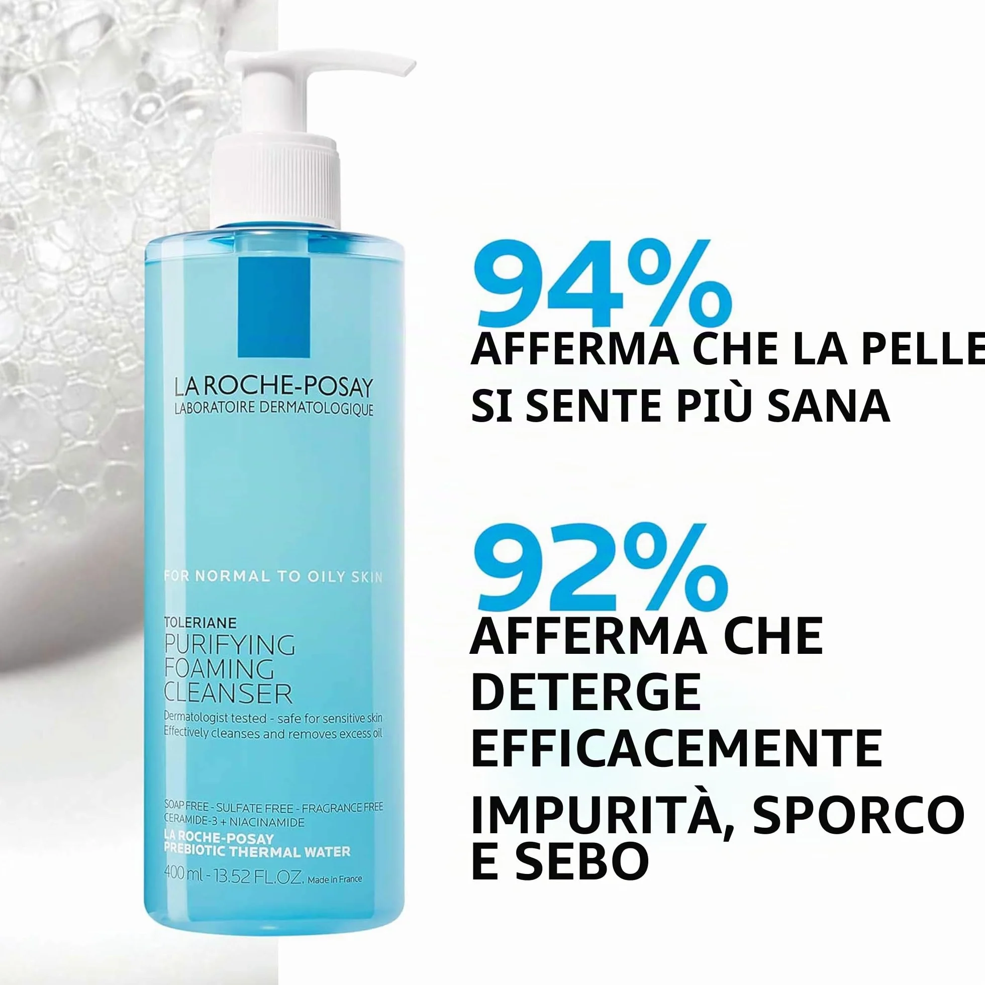 La Roche-Posay Toleriane, Gel Detergente Schiumogeno a Doppia Azione, Adatta a Pelli Sensibili, Elimina Impurità e Sebo, Pelle Morbida e Idratata, Formula con Tensioattivi Delicati e Glicerina, 400 ML