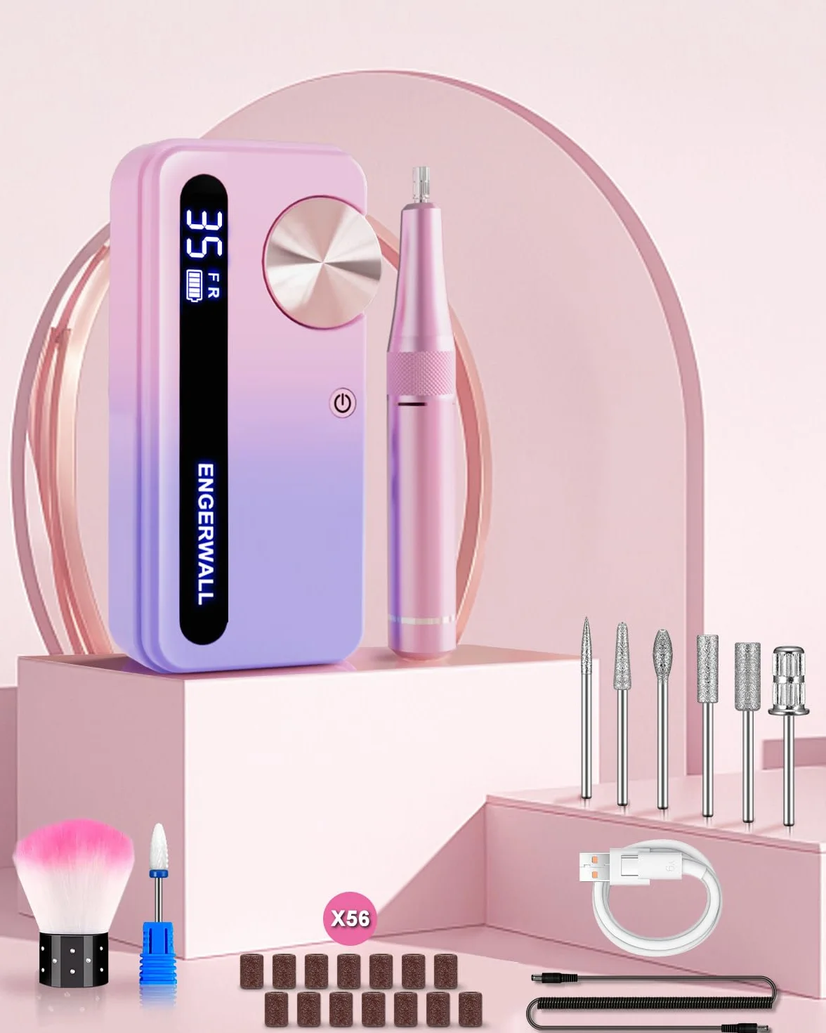 Fresa per Unghie Professionale 35000 Giri/min, Lima Elettrica Ricaricabile per Unghie Gel e Acrilico, Kit Manicure Pedicure Portatile Senza Fili con 7 Punte e 56 Nastri Abrasivi, Blu Rosa