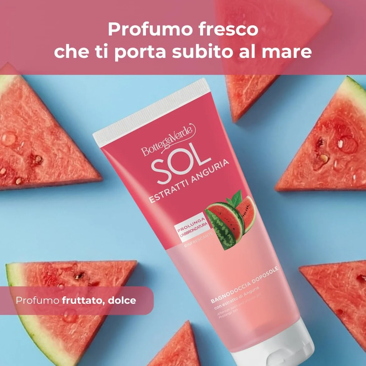 Bottega Verde - SOL Estratti Anguria, Bagnodoccia Doposole, 200 ml, Prolunga l'Abbronzatura, con Estratto di Anguria, Azione Rinfrescante, per Tutti i Tipi di Pelle
