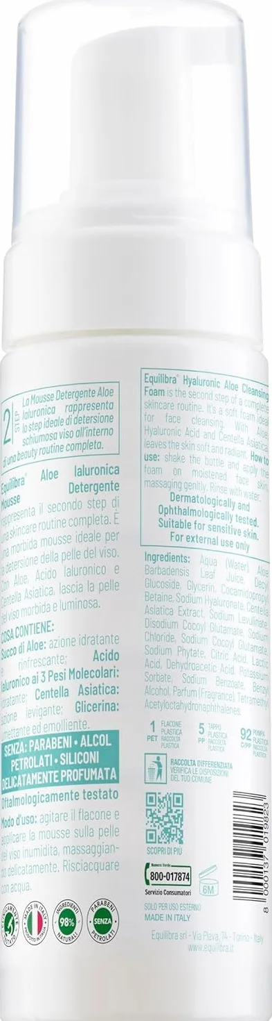 Equilibra Aloe Ialuronica Mousse Detergente Viso 150ml con Succo di Aloe e Acido Ialuronico per Pelli Sensibili