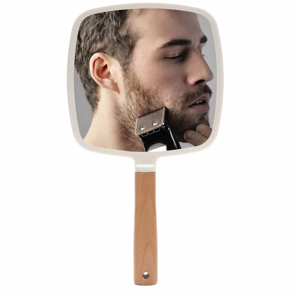YEAKE Specchio a mano con manico per trucco, piccolo specchio in legno carino per rasatura con foro da appendere su un lato, portatile, da viaggio, per uomini e donne (quadrato)